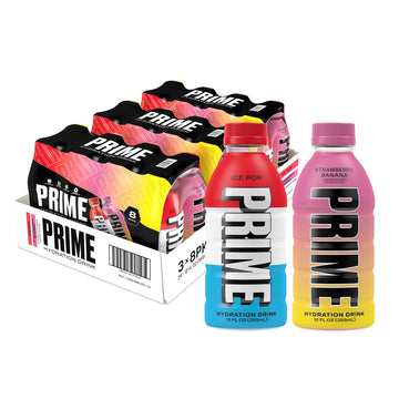 PRIME HYDRATION Sports Drinks - Ice Pop & Strawberry Banana, Electrolyte Enhanced, 250mg BCAAs, 12 Fl Oz (Pack of 24)