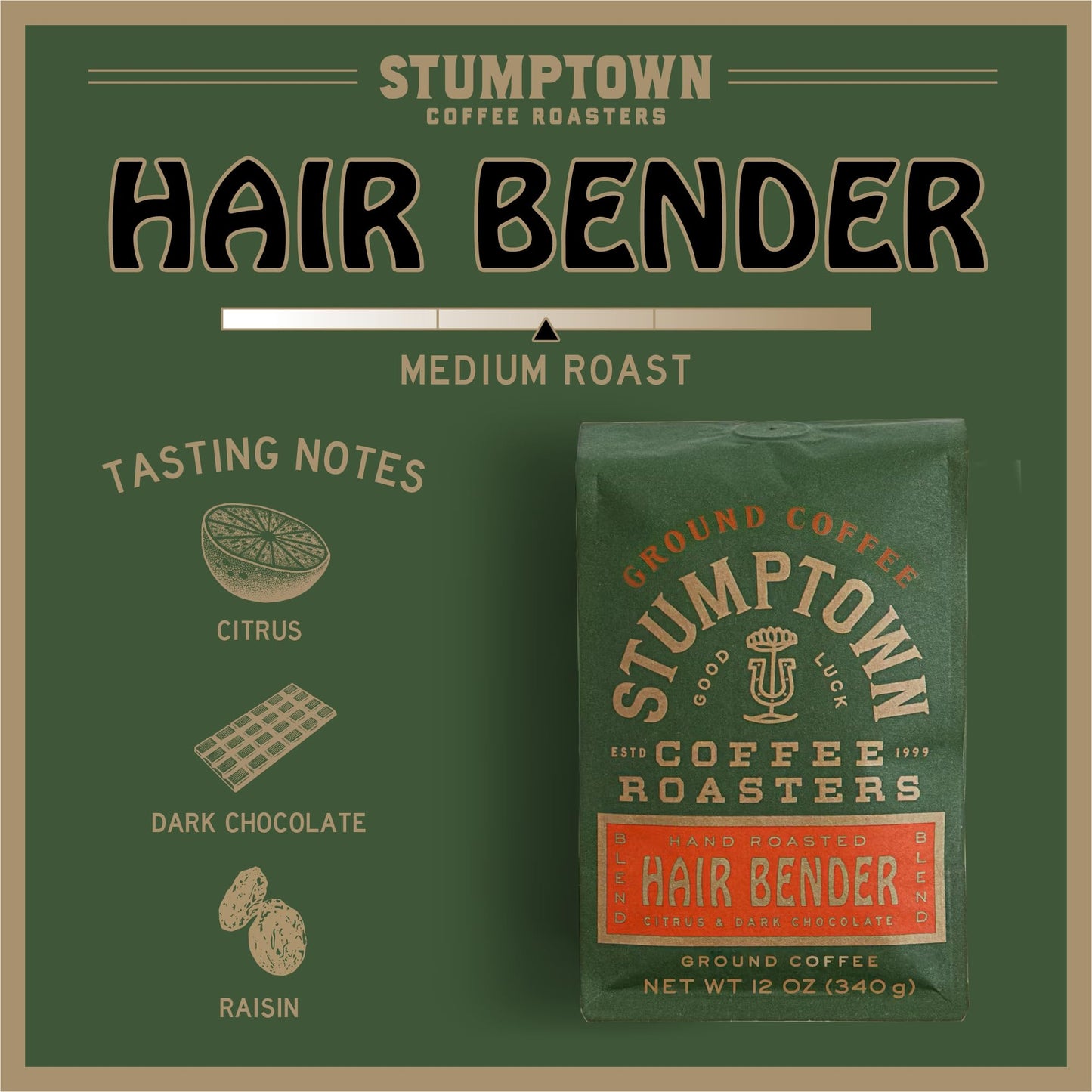 Stumptown Coffee Roasters, Medium Roast Ground Coffee - Hair Bender 12 Ounce Bag, Flavor Notes of Citrus and Dark Chocolate (Pac