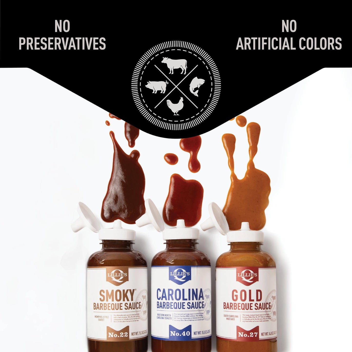 Lillie's Q BBQ Sauce Combo - Smoky, Gold & Carolina - Gluten-Free, Non-GMO, 3-Pack (15.3oz, 14.8oz, 15.5
