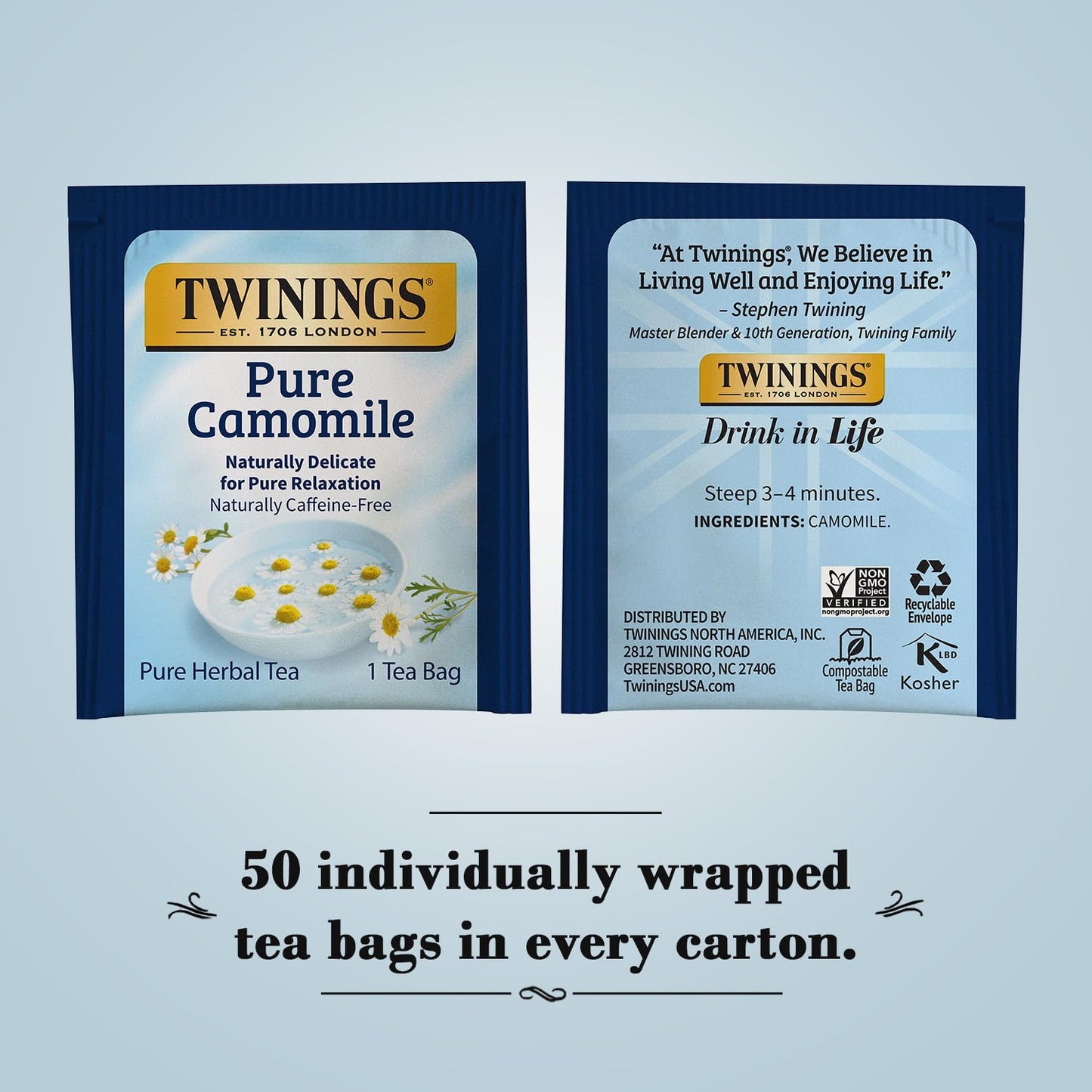 Twinings Pure Camomile Herbal Tea Bags, Naturally Caffeine-Free, 50 Count, Individually Wrapped