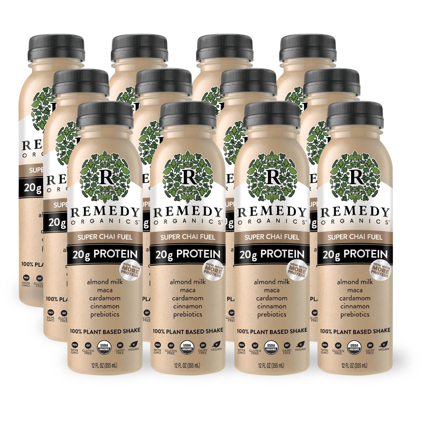 Remedy Organics Super Chai Fuel 12-Pack | Plant Based 20G Protein Shakes, Ready To Drink | Usda Organic, Gluten Free, Dairy Free, Soy Free