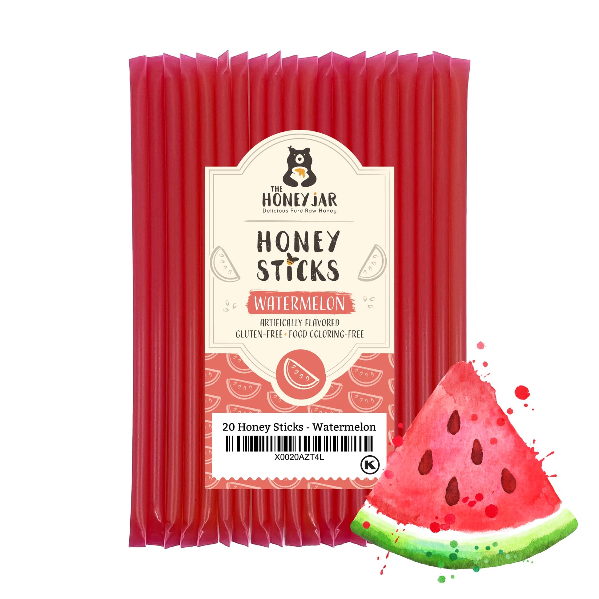 The Honey Jar Watermelon Flavored Raw Honey Sticks - 20 Count Honey Straws for Tea and Coffee - Made in the USA