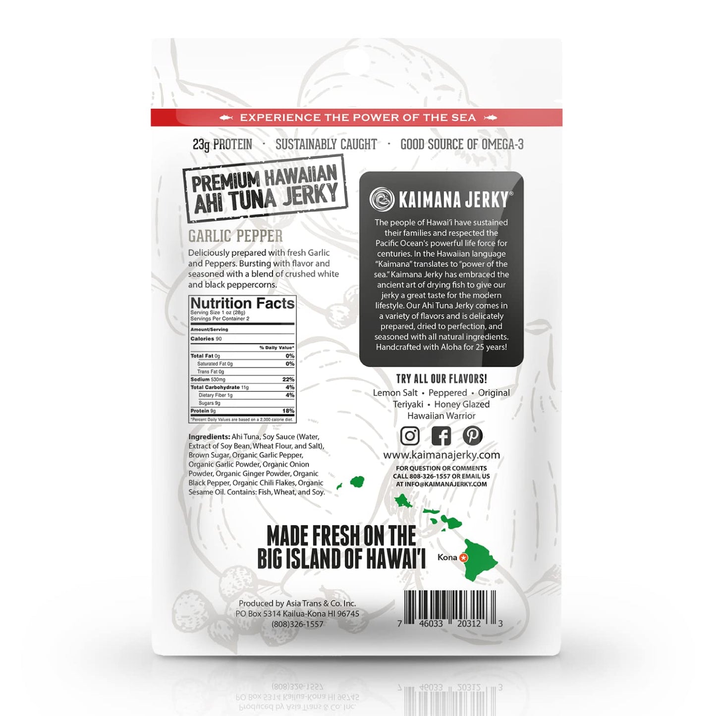 Kaimana Ahi Tuna Jerky Garlic Pepper 2 Ounce - Soft And Tasty - Premium Fish Jerky Made In The Usa. High In Omega 3'S, All Natur
