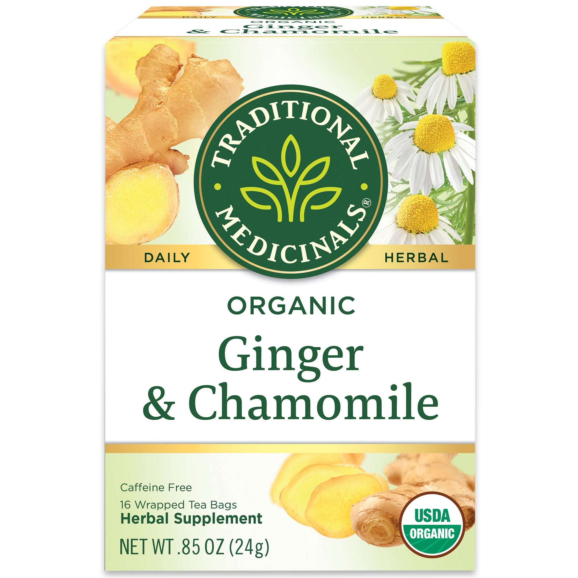 Traditional Medicinals Organic Ginger & Chamomile Herbal Tea, Relieves Occasional Indigestion or Nausea, (Pack of 1) - 16 Tea Ba