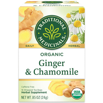 Traditional Medicinals Organic Ginger & Chamomile Herbal Tea, Relieves Occasional Indigestion or Nausea, (Pack of 1) - 16 Tea Ba