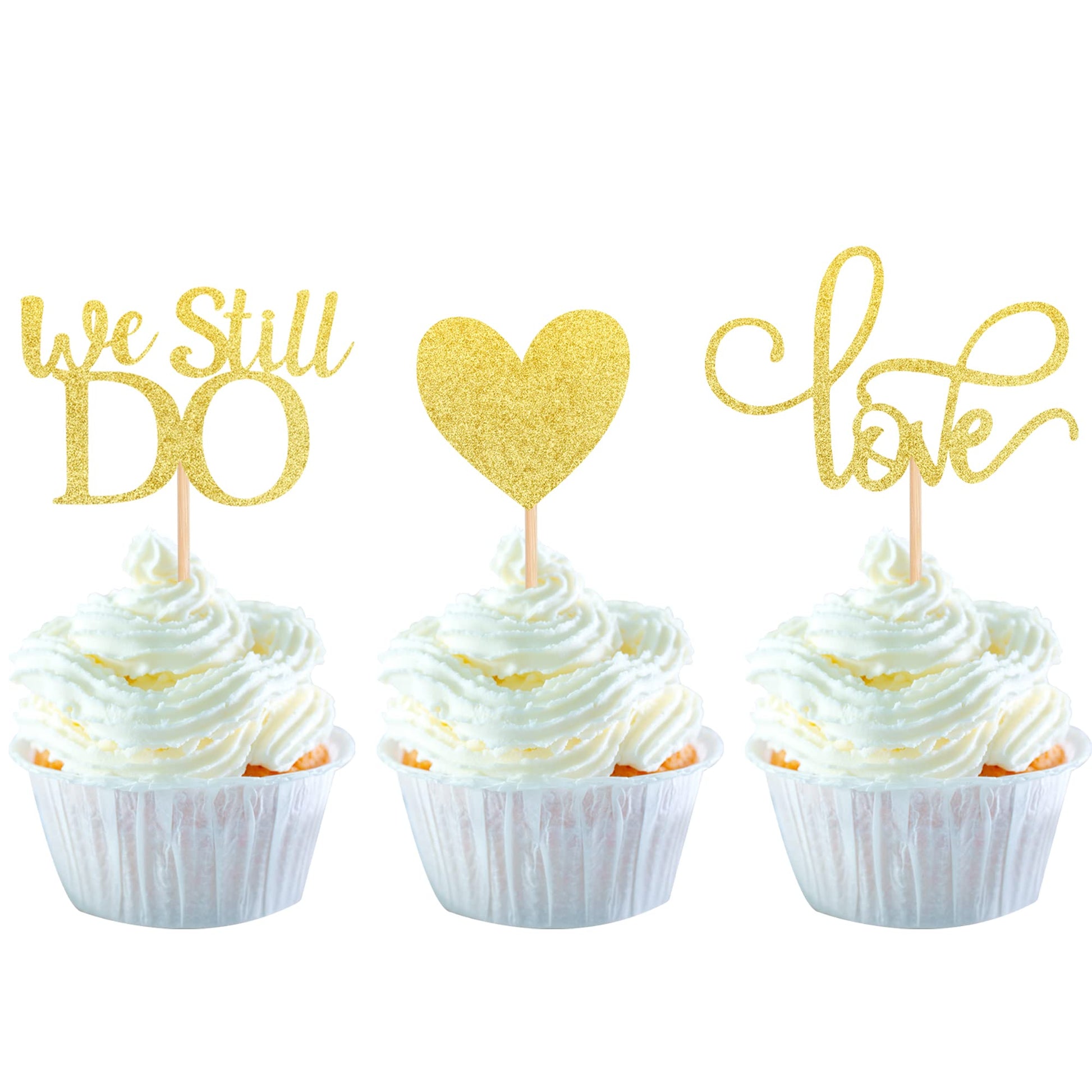 YCTHUNFISH Cupcake Toppers 24 Pack Gold Glitter Love Heart for Wedding Bridal Shower Birthday Cake Decorations