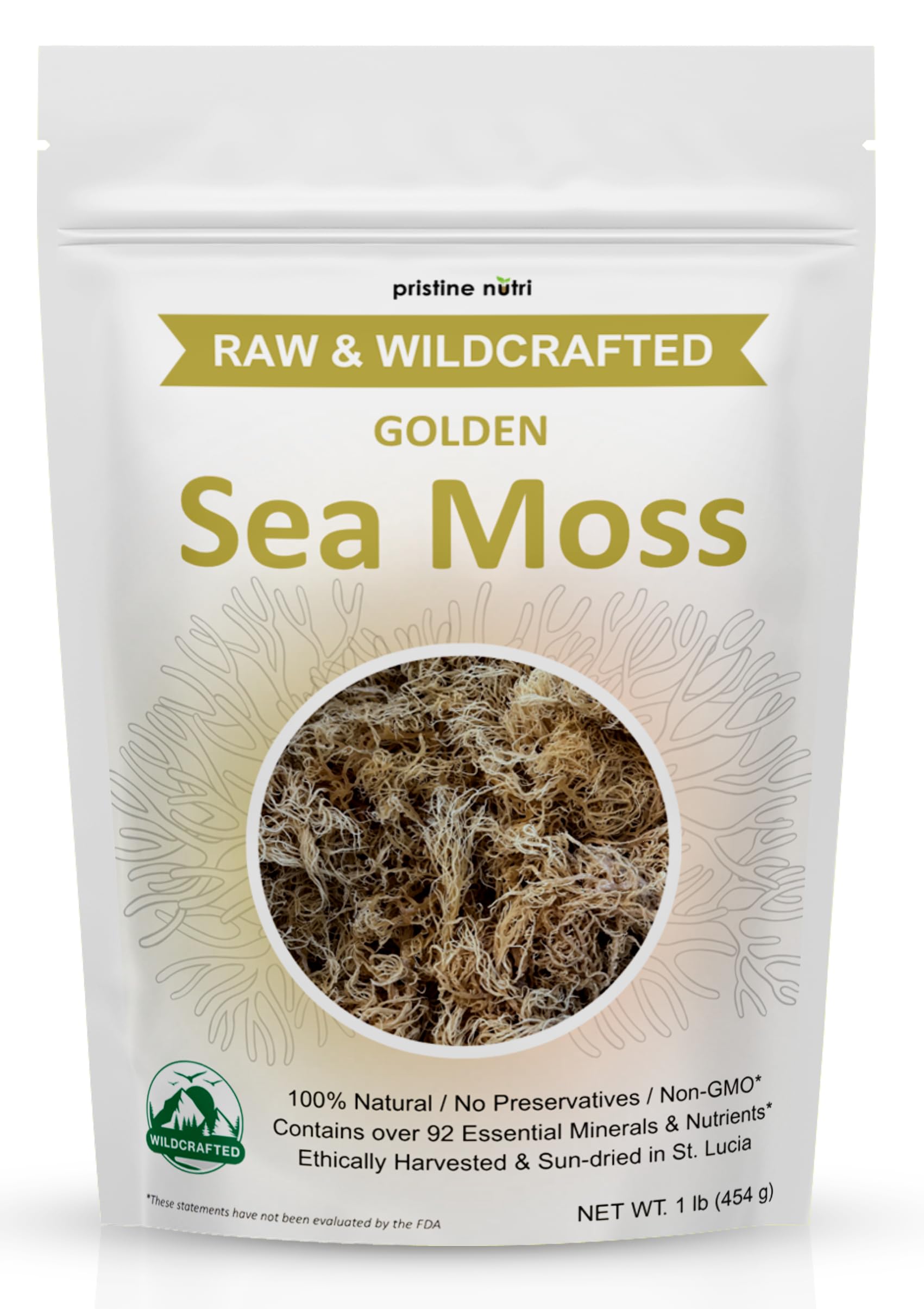 Pristine Nutri Golden Sea Moss - Wildcrafted Raw Sea Moss, 1 lb Bulk Package, Vegan, Non-GMO, Sun-Dried, True Mineral-Rich Superfood