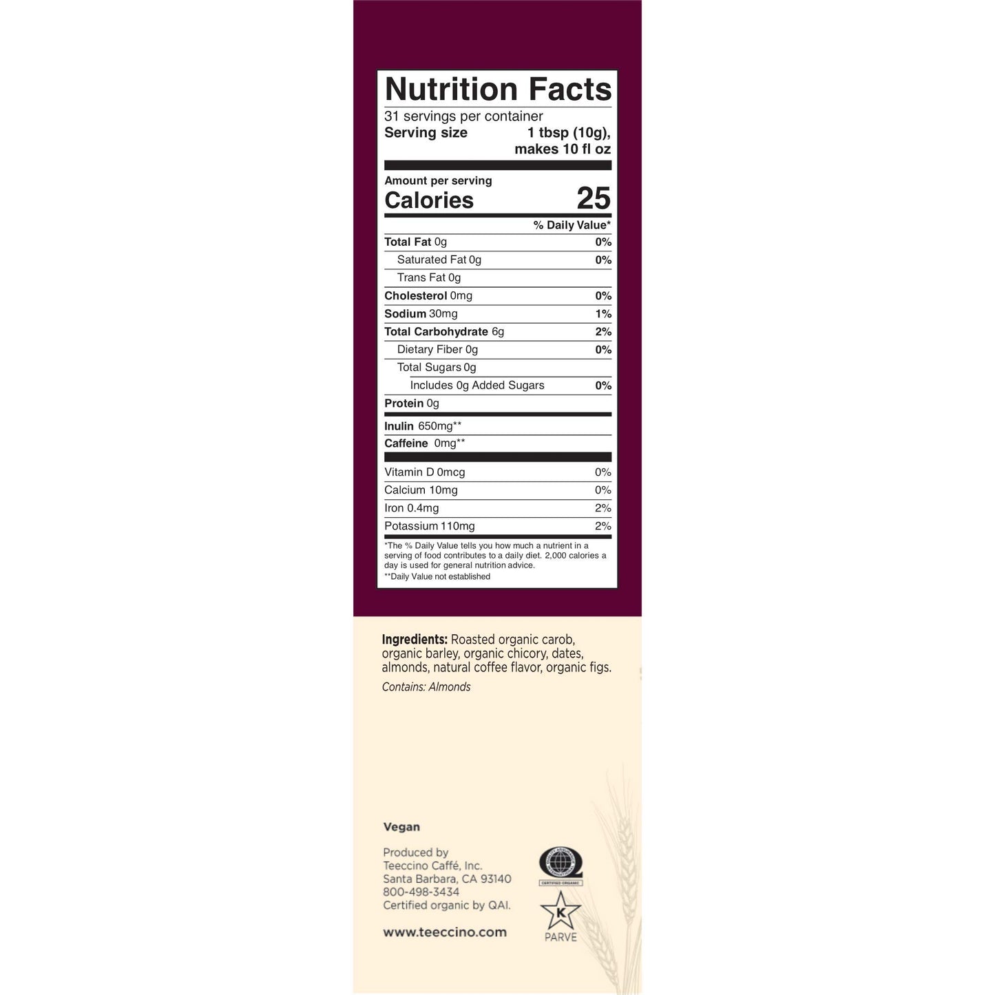 Teeccino Java Chicory Coffee Alternative, Medium Roast, Caffeine Free, 11 Ounce (Pack of 3)