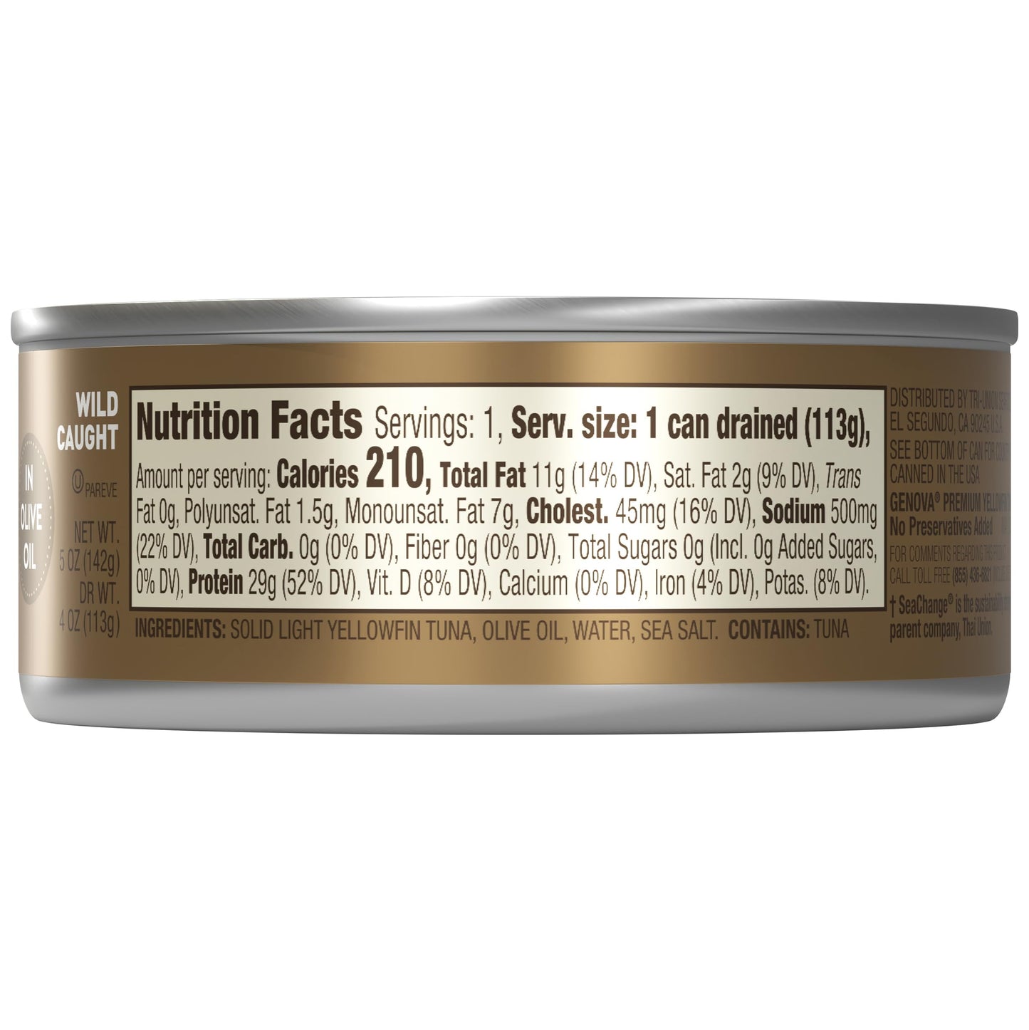 Genova Premium Yellowfin Tuna in Olive Oil, Solid Light, 4-Count, 5 Ounce Cans, Wild Caught