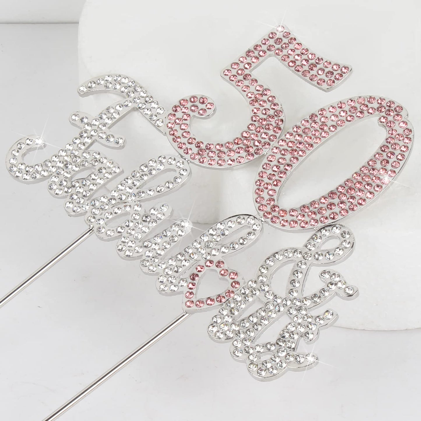 Laskyer 50 & Fabulous Silver Pink Rhinestone Cake Topper - Happy 50Th Birthday Cheers To Fifty Years Old Bday Party Metal Sparkl