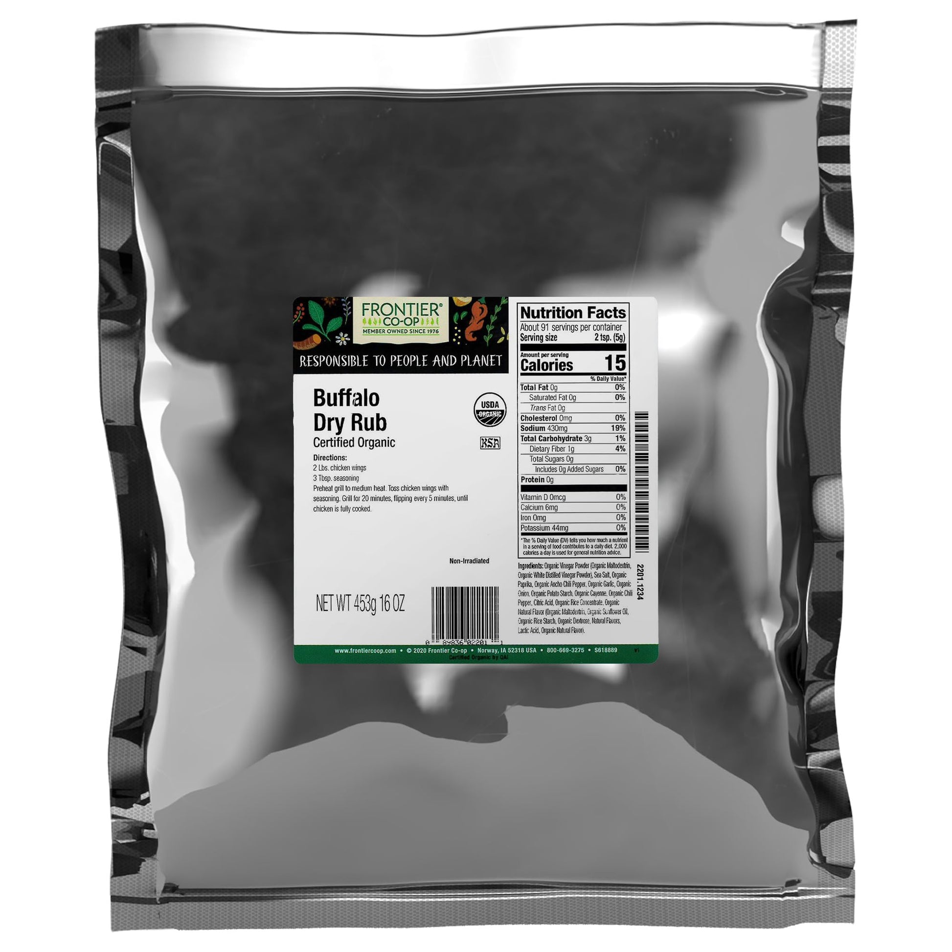Frontier Co-op Organic Buffalo Dry Rub, 1lb Bulk Bag - Tangy and Spicy Seasoning with Paprika, Vinegar, and Chili Pepper for Chi