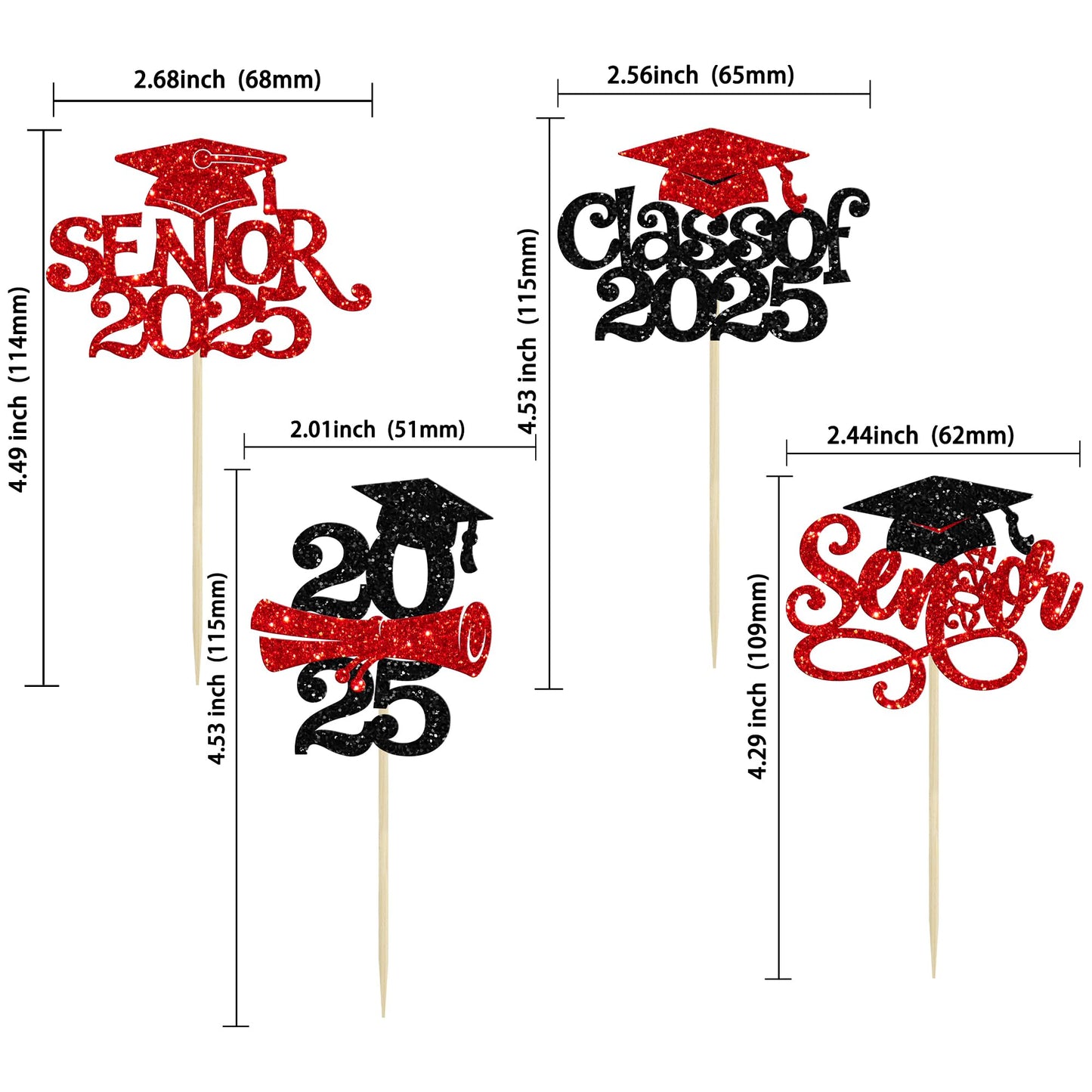 Gyufise Graduation Cupcake Toppers, 24Pcs Glitter Picks for Class of 2025, Red Paper Decorations
