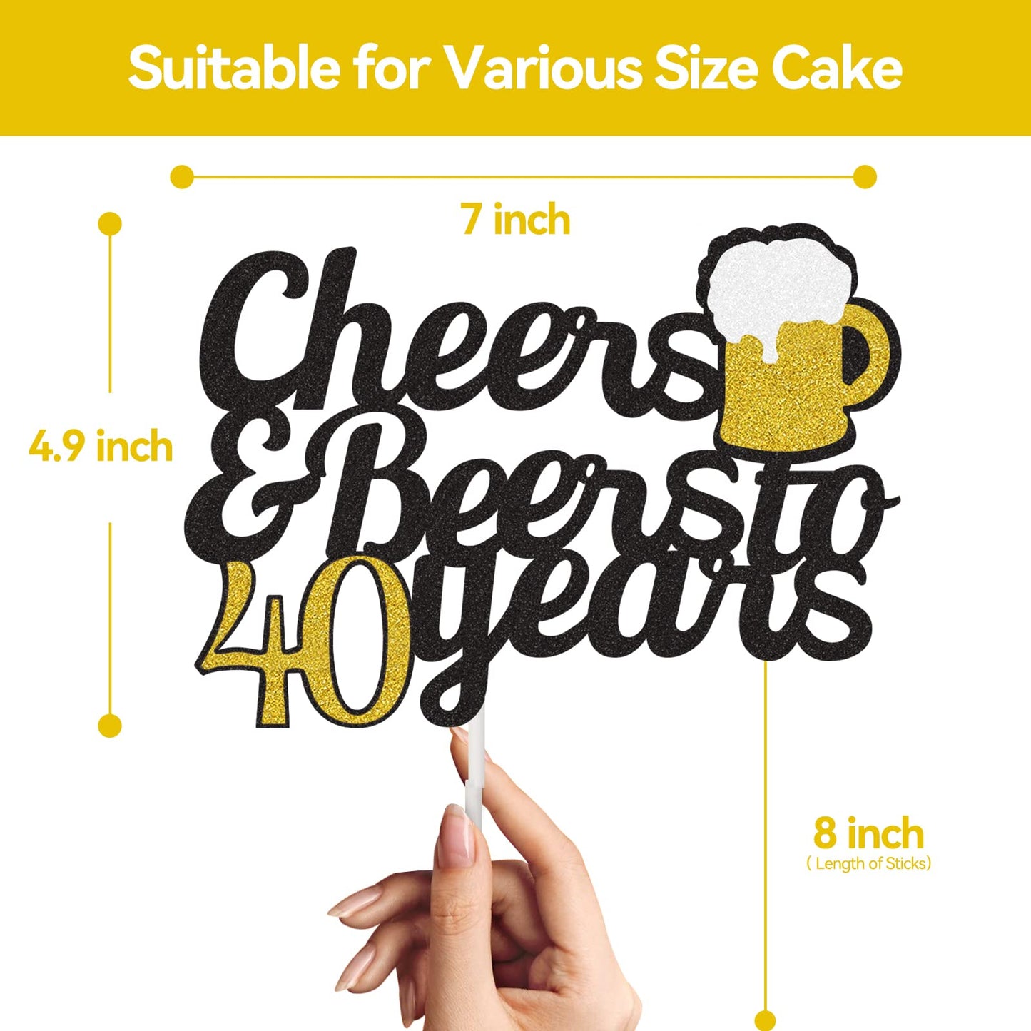 Joymee Cheers to 40 Years Cake Topper, Black and Gold Glitter, Double-Sided Birthday Party Decorations