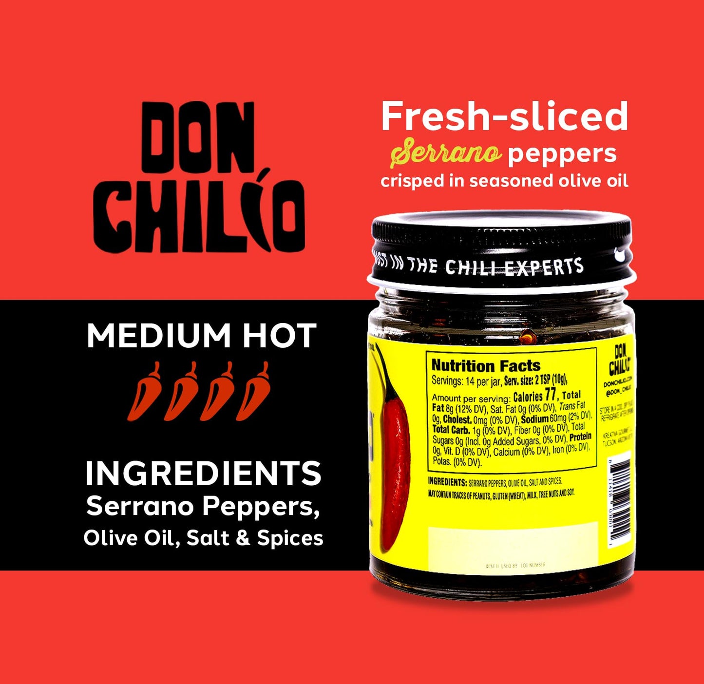 Don Chilio Medium Heat Serrano Chile Crisp – 5 oz, 2 Pack – Crunchy Fried Chili Peppers in Olive Oil – Keto-Friendly, Vegan, Gluten Free