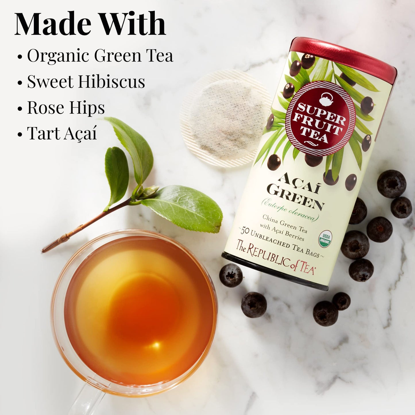 The Republic Of Tea Organic Acai Green Superfruit Tea, 250 Tea Bag Bulk, Premium Acai Berries Organic Green Tea