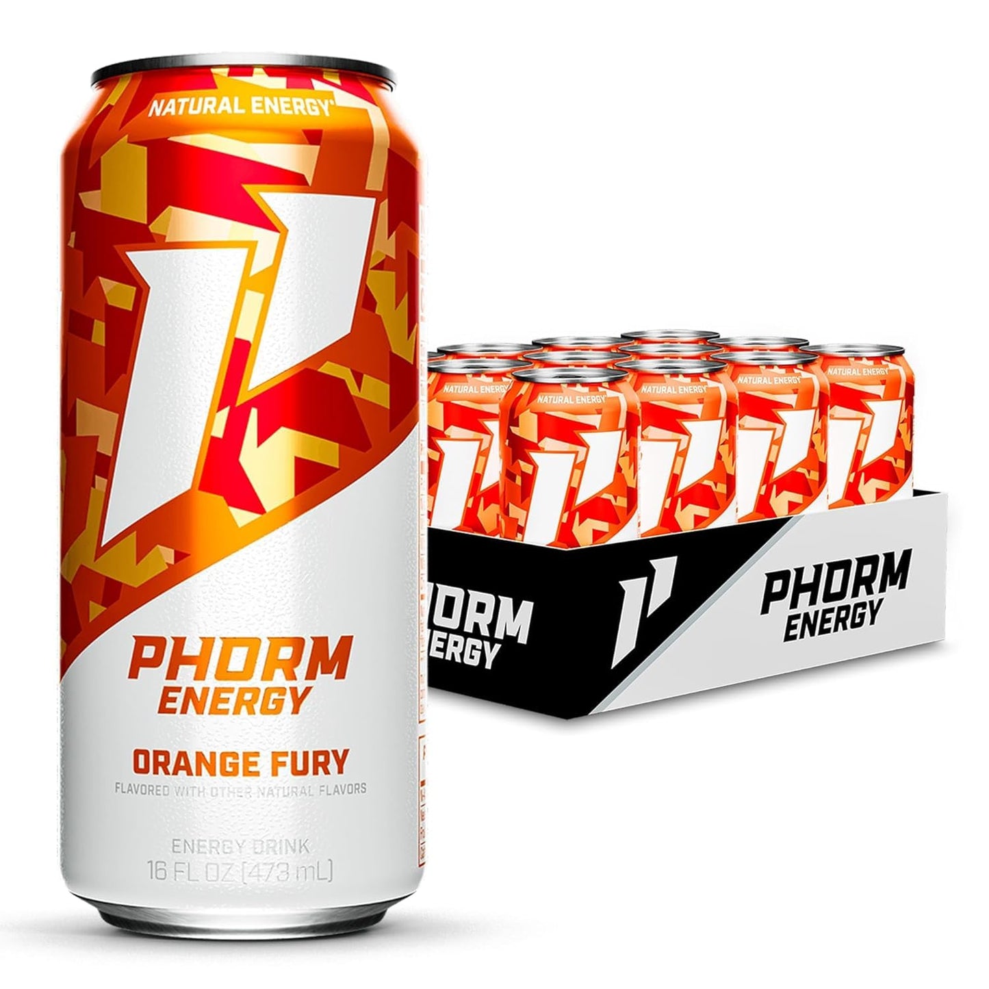 Phorm Energy Drink  Orange Fury Flavor  200 MG Natural Caffeine From Green Tea  Sugar Free Carbonated Drink With Electrolytes & Vitamin B12  Dairy & Gluten Free  Vegan  16 FL Oz Cans  12 Pack
