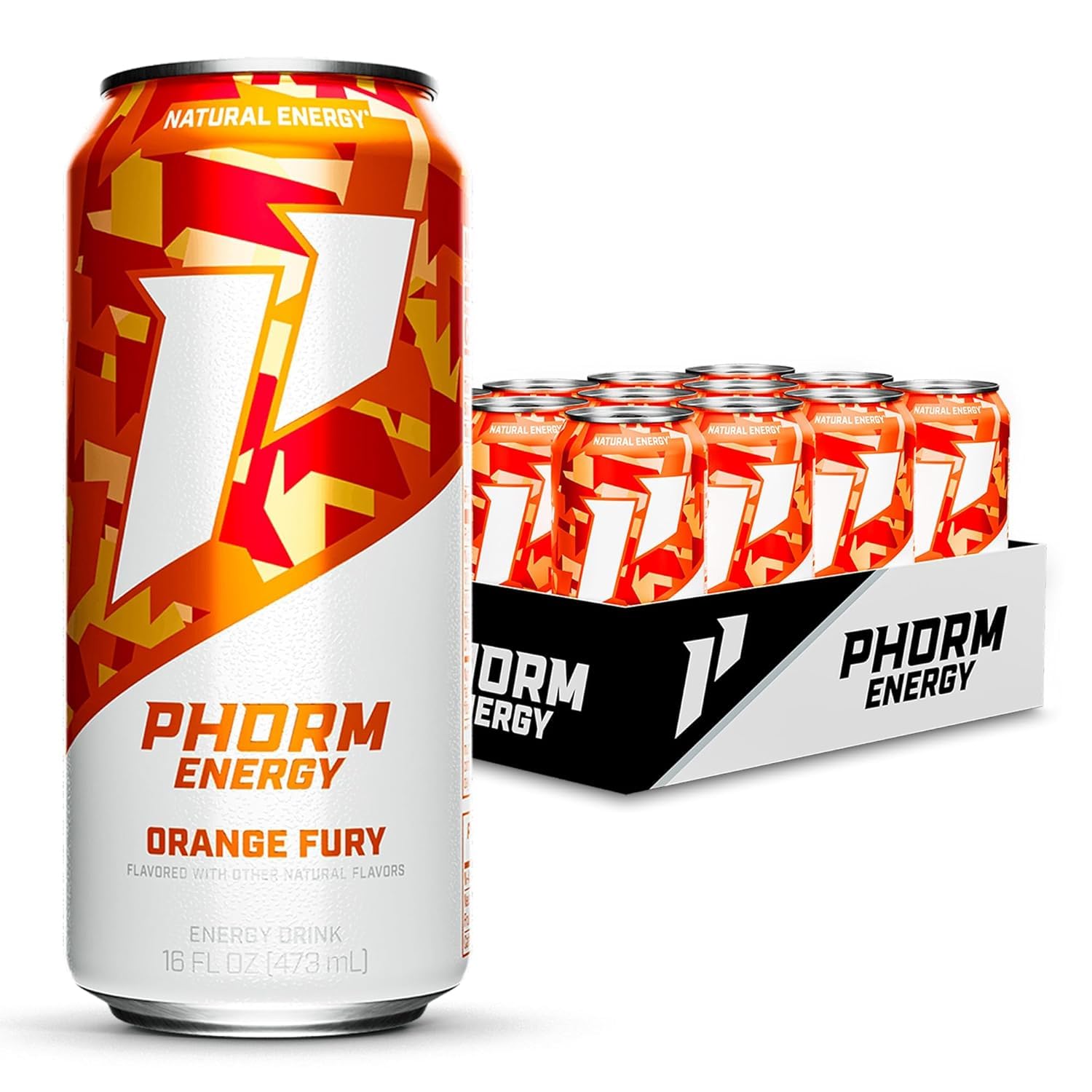 Phorm Energy Drink  Orange Fury Flavor  200 MG Natural Caffeine From Green Tea  Sugar Free Carbonated Drink With Electrolytes & Vitamin B12  Dairy & Gluten Free  Vegan  16 FL Oz Cans  12 Pack
