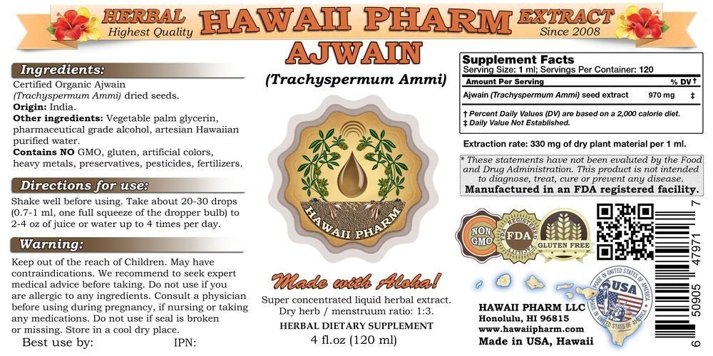 Hawaii Pharm Organic Ajwain Liquid Extract Tincture dietary product 4x4 oz