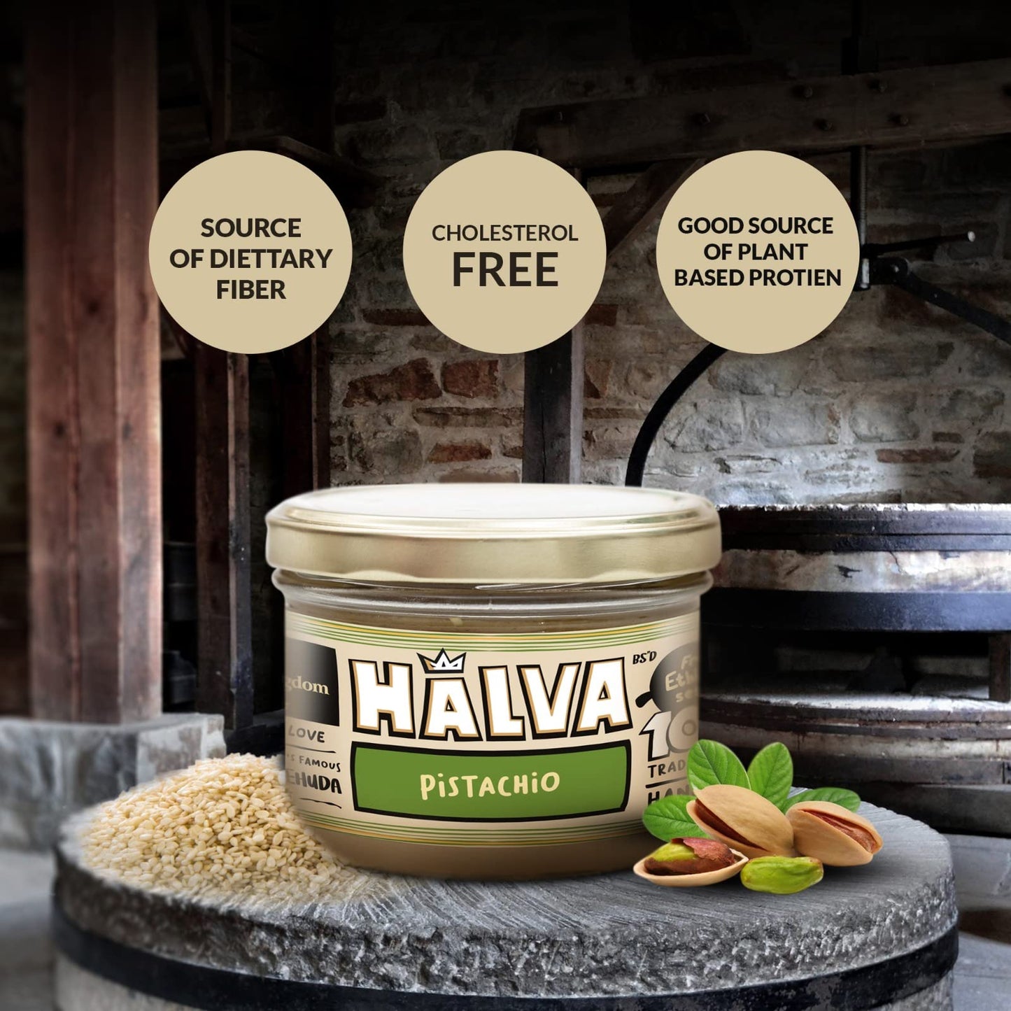 Halva Kingdom Open Sesame Sugar Free Halva Vegan Dessert | Healthy Ingredients, Gluten Free, Kosher Certified Jar (Pistachio)