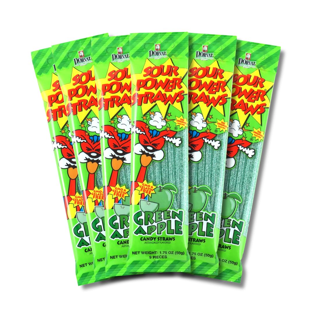 Sour Power Top-Grade Green Apple Candy Straws - The Oriflavor Blendal Sour Candy Since 1985 - 1.75 Oz (Pack Of 6) - Vegan  Non-Gmo  Gelatin Free - Soft  Chewy  Sweet & Tart Retro Treats