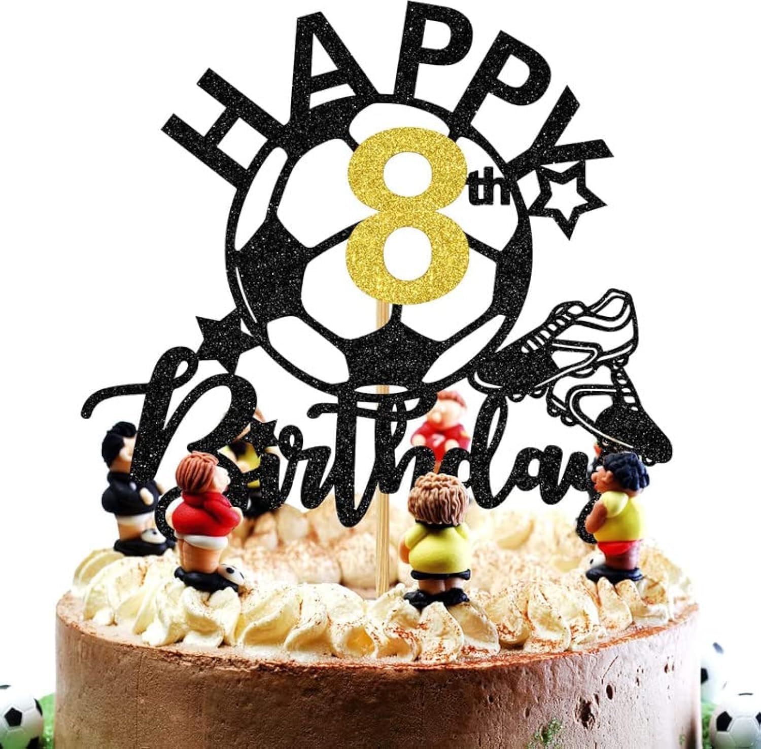 Glitter Soccer Happy 8Th Birthday Cake Topper  Soccer Players Toys/Football Soccer Theme Party Cake Decorations  8 Years Old Birthday Cake Ball Party Decorations Supplies For Boy Girl