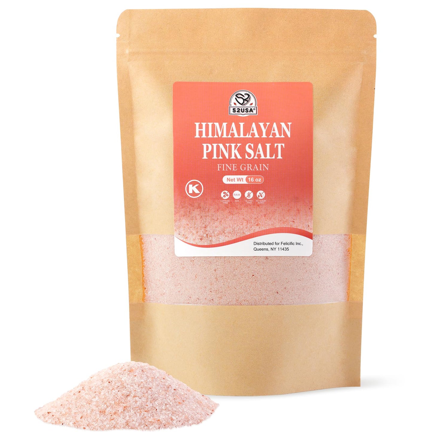 52USA Himalayan Pink Salt Fine, Non-GMO Fine Ground Table and Cooking Salt, 16oz (1 Pound), 100% Real, Pure, Unrefined Himalayan