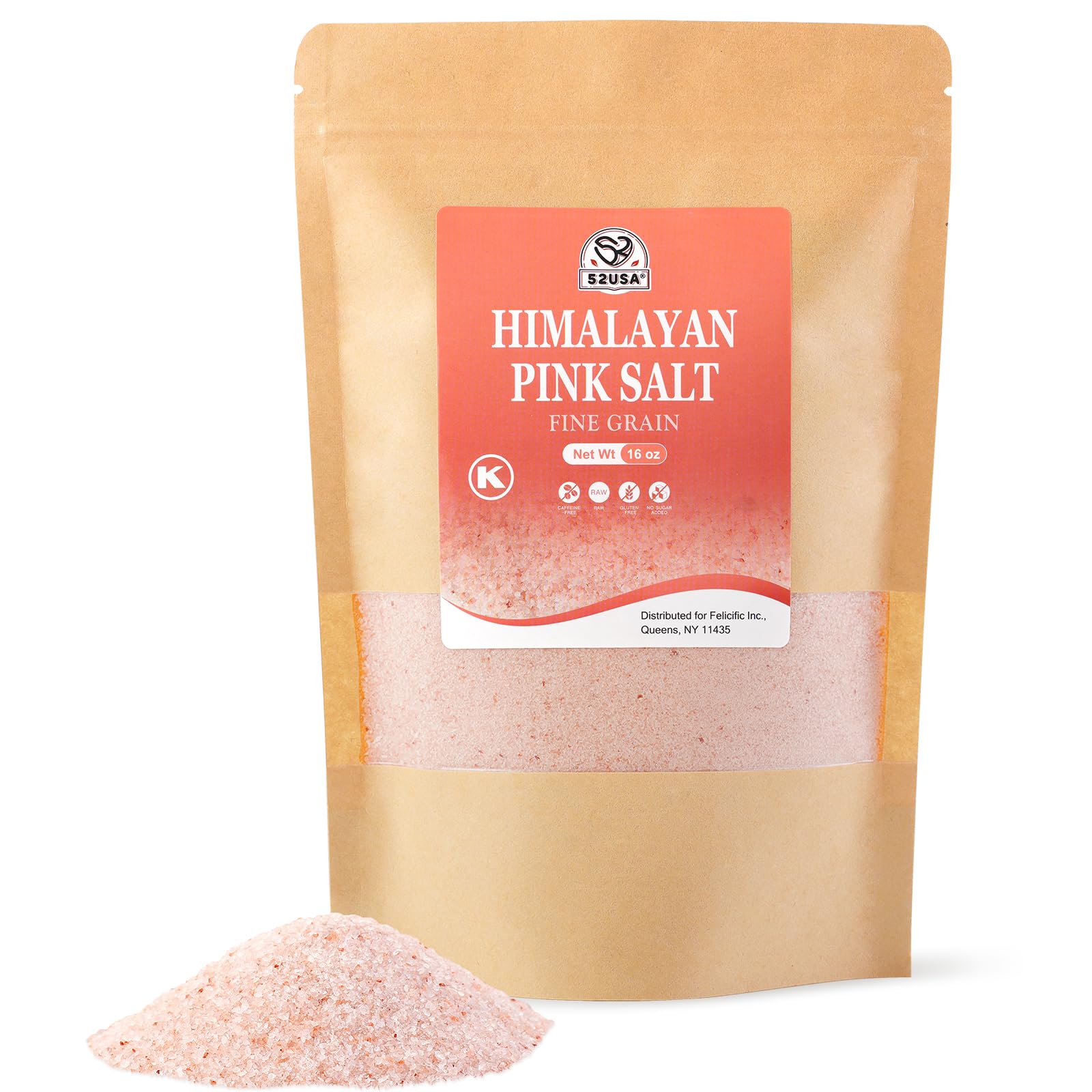 52USA Himalayan Pink Salt Fine, Non-GMO Fine Ground Table and Cooking Salt, 16oz (1 Pound), 100% Real, Pure, Unrefined Himalayan