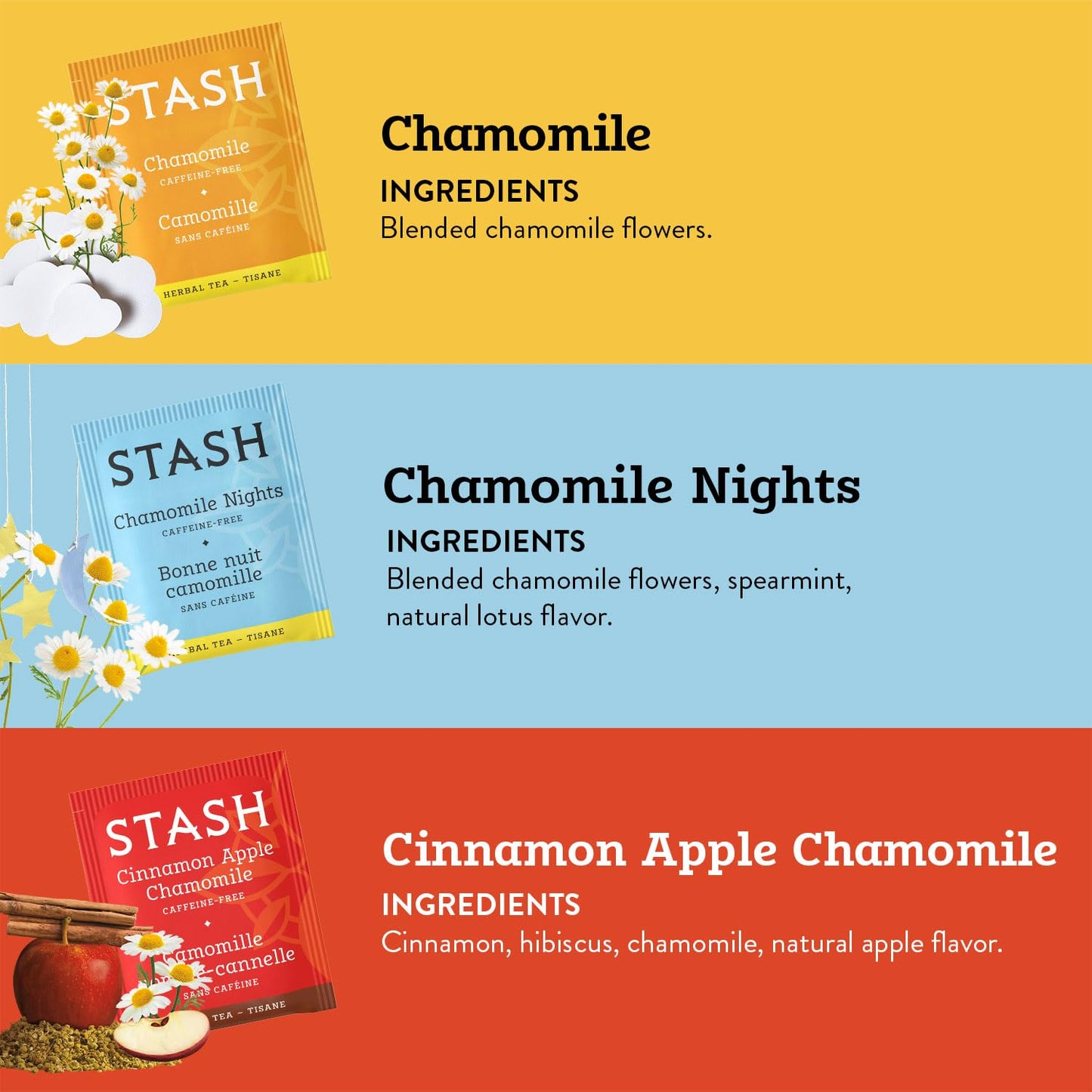 Stash Sweet Dreams Chamomile Tea Sampler - Non-Caffeinated Herbal Teas, 20 Count (Pack of 3), Chamomile Trio