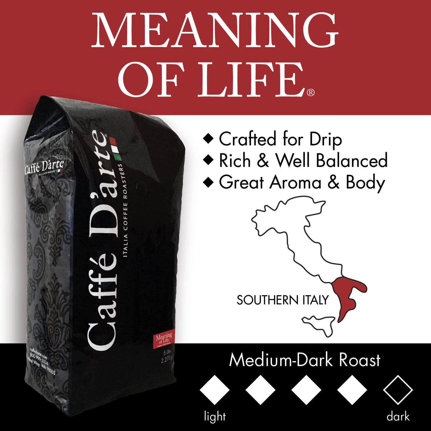 Caffe D'Arte Whole Bean Meaning Of Life Coffee, 5 Pounds