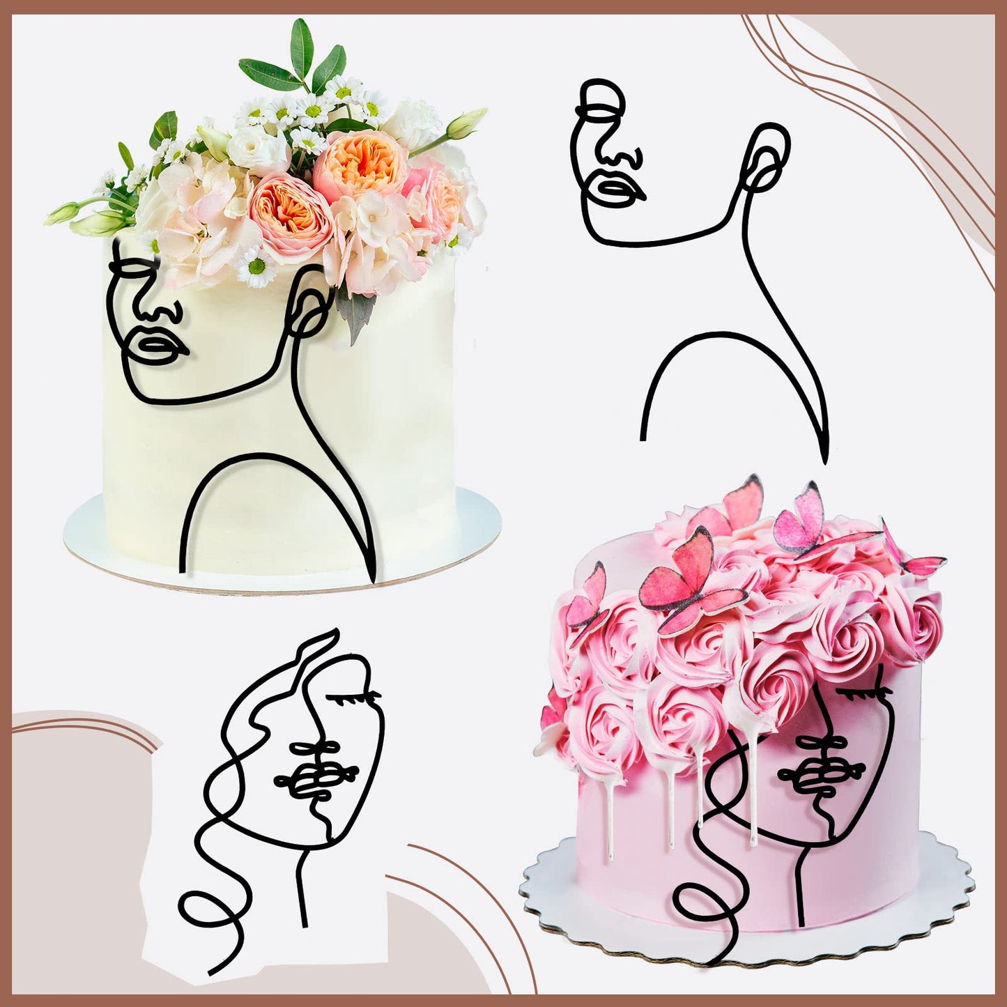 Marsui 10 Pcs Boho Lady Face Cake Topper Acrylic Minimalist Lady Cake Toppers Happy Birthday Cake Decoration For Women Wedding B