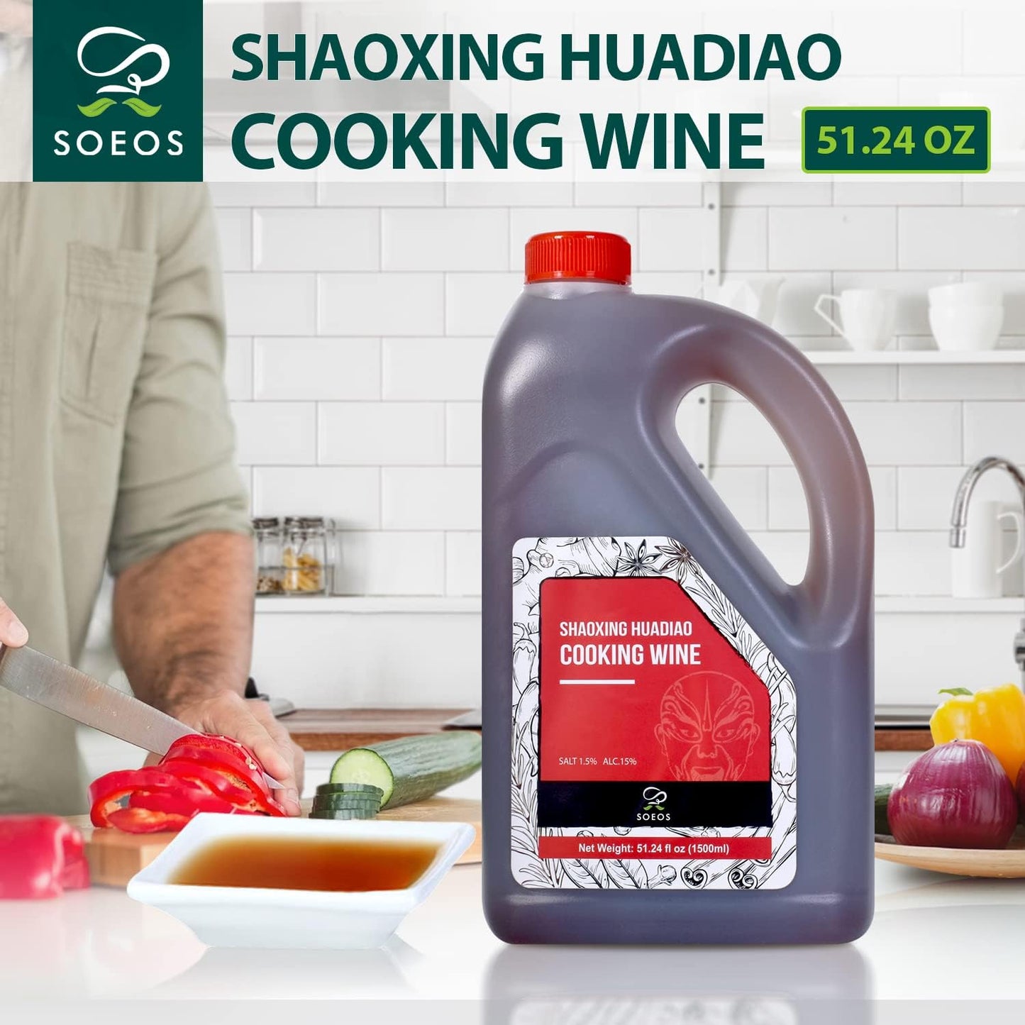 Soeos Shaoxing Cooking Wine, Chinese Rice Wine, 51.24 Fl Oz (1500ml), Ideal for Cooking