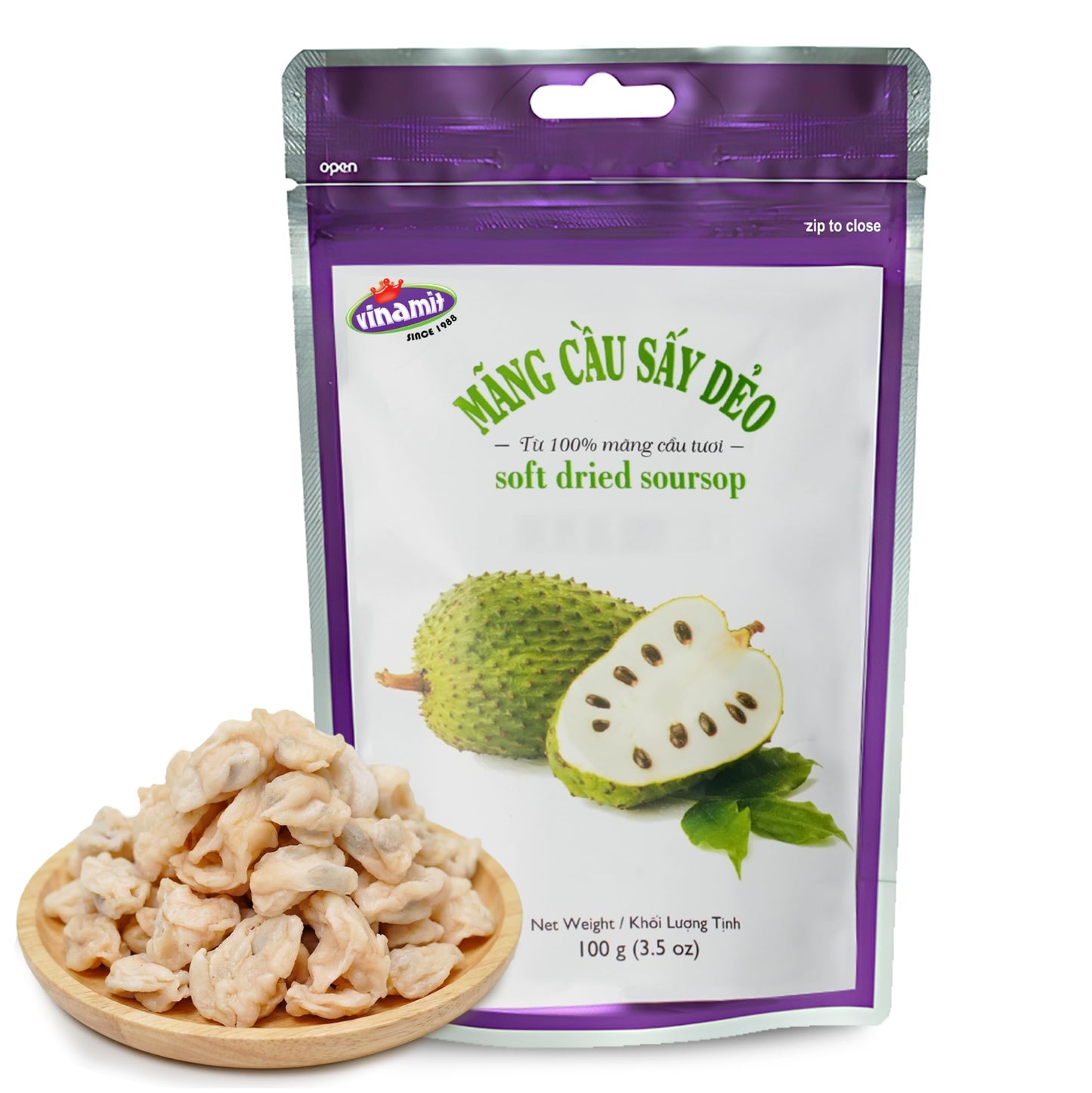 Vinamit Soft Dried Soursop | Soursop Fruit 3.5 oz bag | Natural Tropical Fruit Snack | Vegan, Gluten-Free, Non-GMO | High in Fib