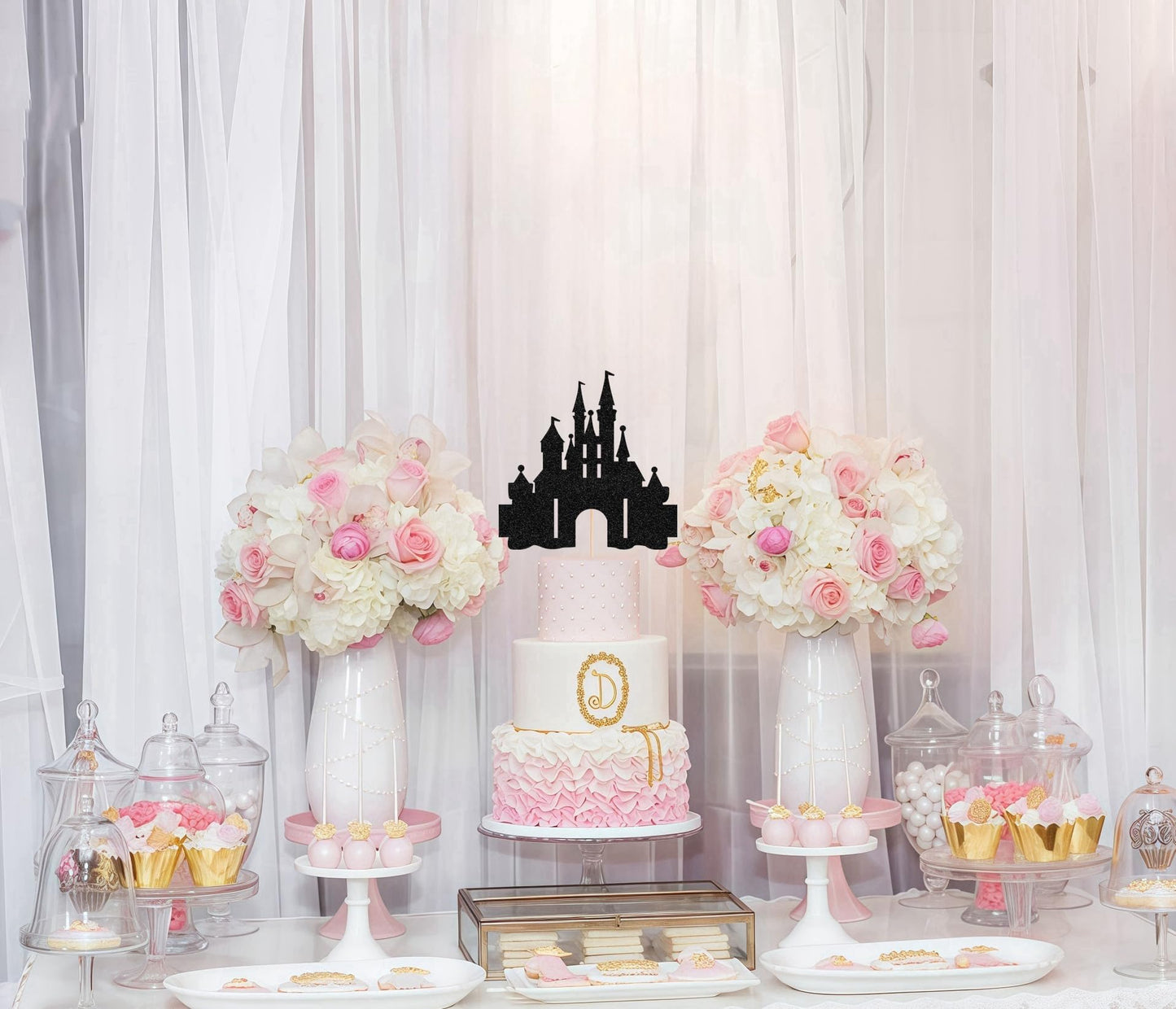 EONNCNT Castle Cake Topper - Black Glitter Cardboard Decoration for Birthday, Baby Shower, Photo Booth Props