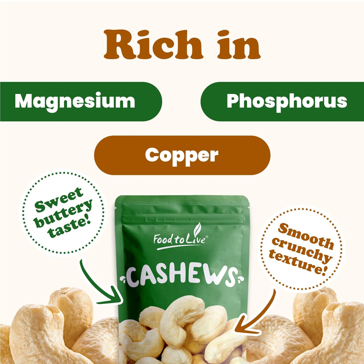 Food To Live - Raw Cashews, 8 Pounds Deluxe Whole Nuts, Unsalted, Unroasted Fancy Snack, Size W-320, Kosher, Vegan, Bulk, A Good