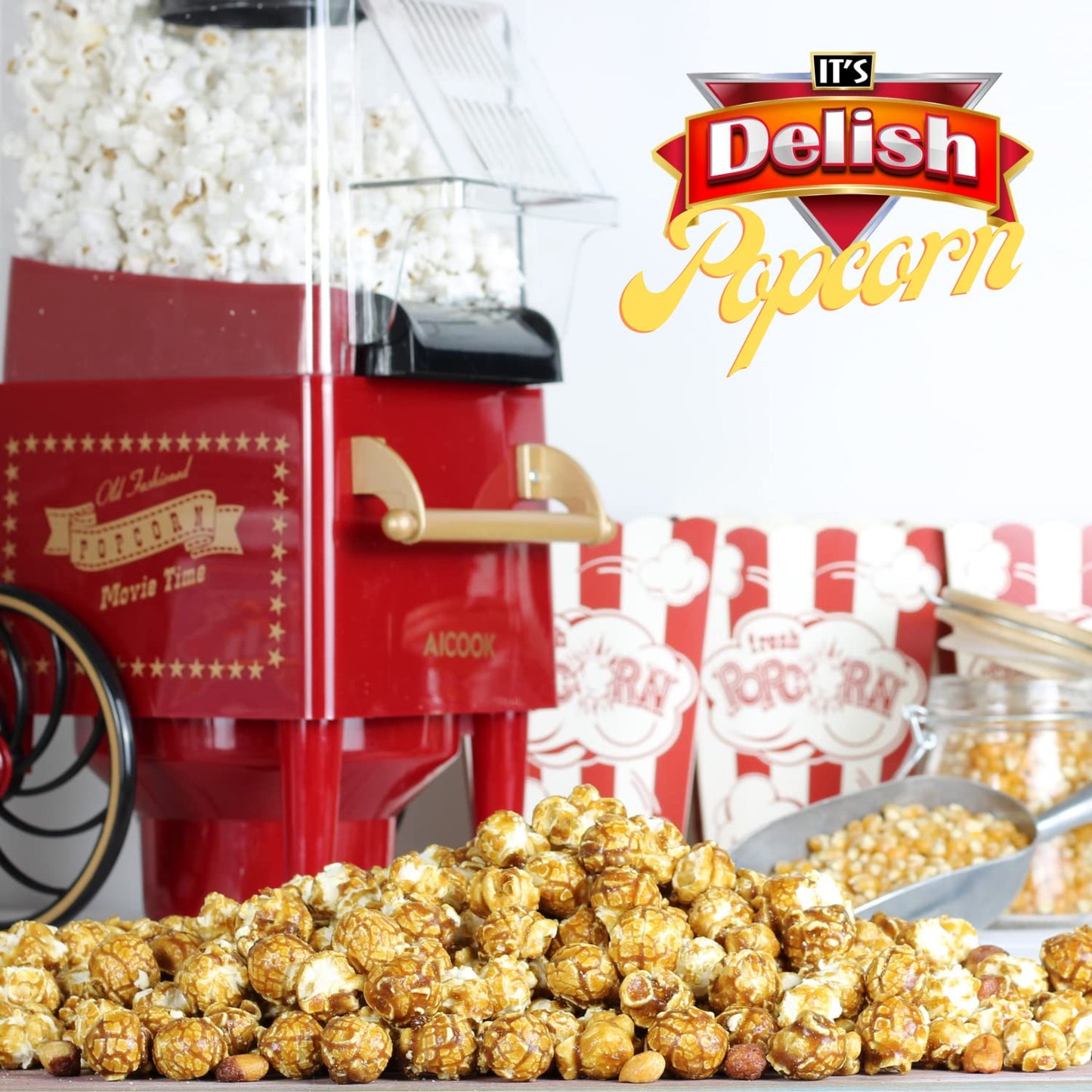 Gourmet Caramel Nut Popcorn with Peanuts by Its Delish, 16 OZ Jumbo Container - Caramel Air Popped Sweet Crunchy Glazed Carmel C