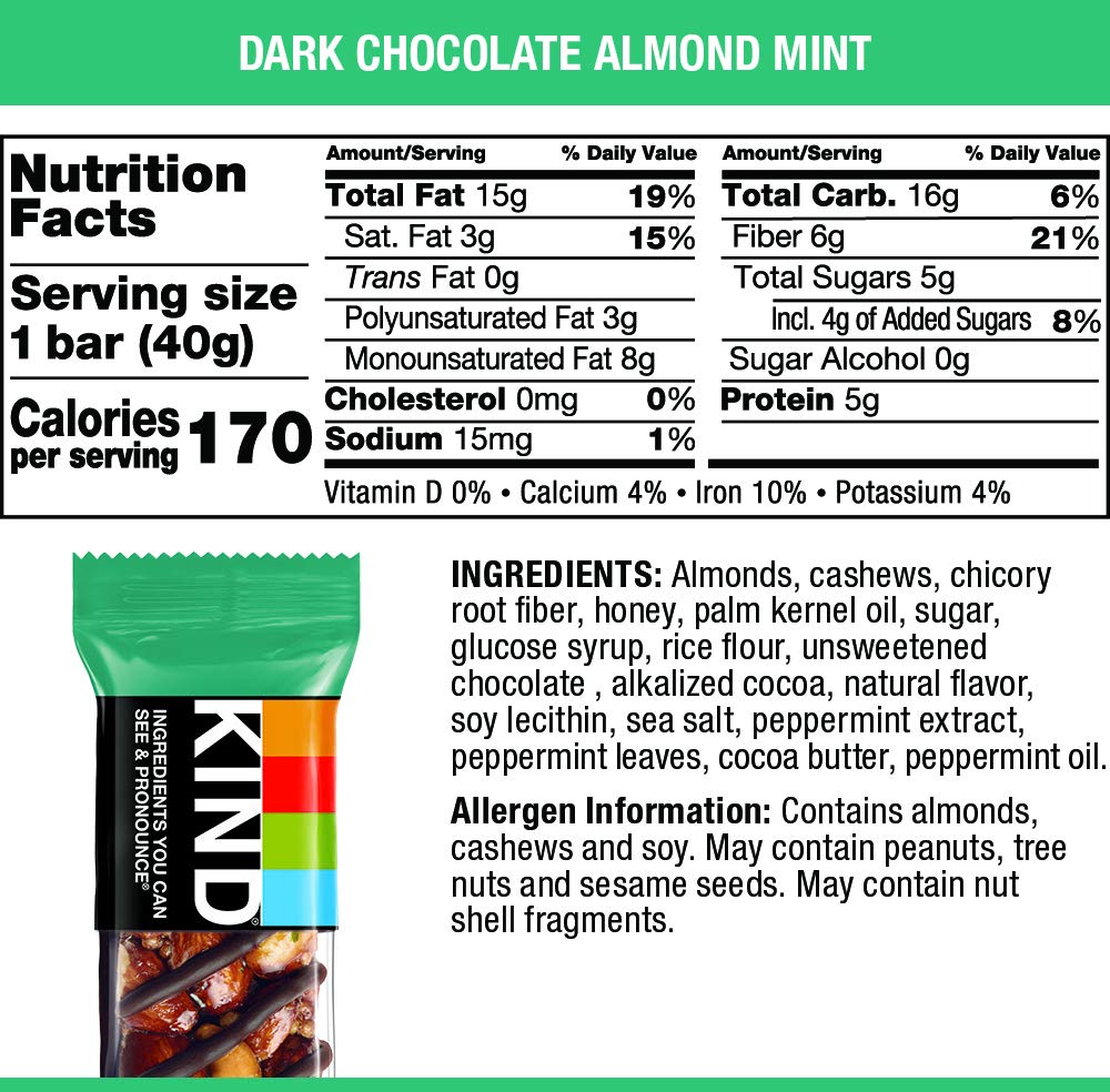 Kind Bars, Dark Chocolate Mint, Gluten Free, Low Sugar, 1.4Oz, 12 Count