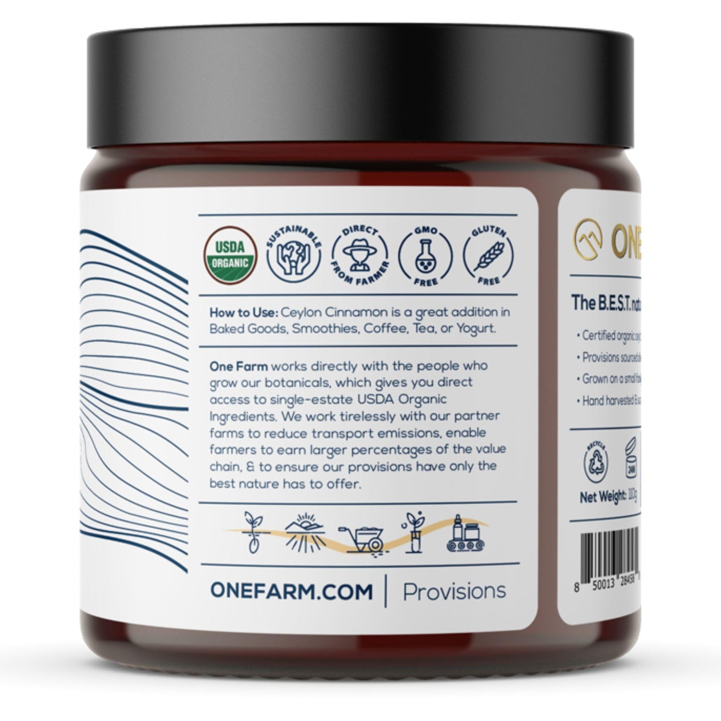 One Farm by WAAYB Organic Ceylon Cinnamon - Freshly Ground, Non-GMO, Fair-Trade, Gluten Free, Resealable Jar for Cooking and Beverages