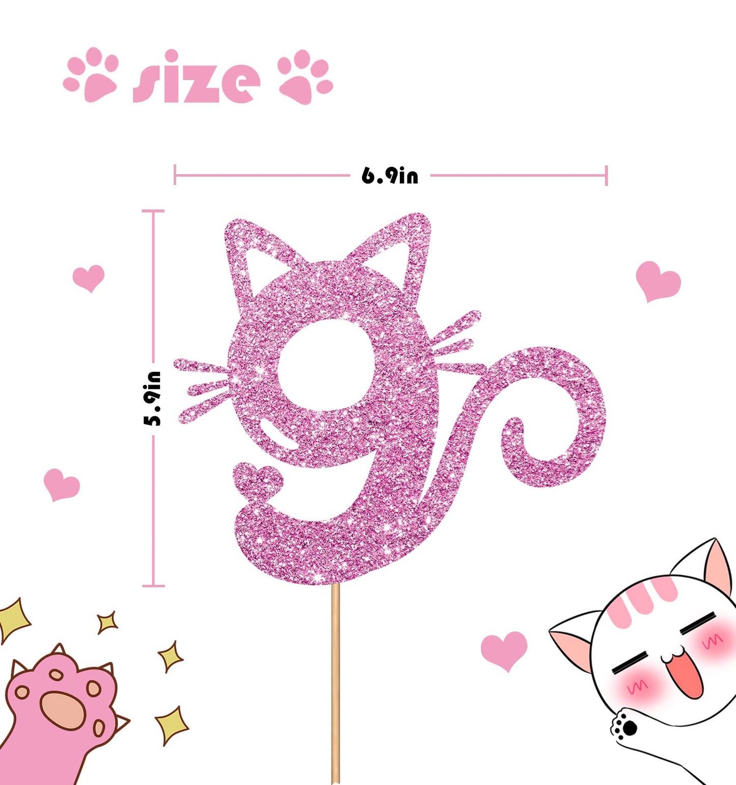 MINUET MINUTE Cat Nine Cake Topper - Pink Glitter, Cardboard, Happy 9th Birthday Party Decoration