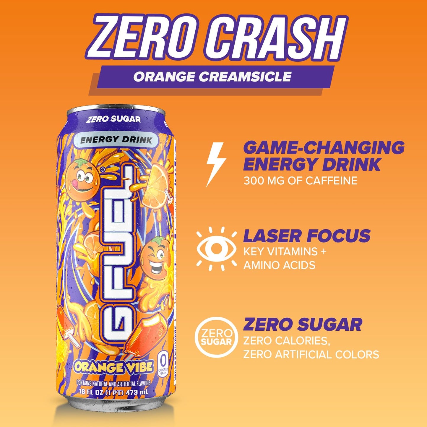 G Fuel Energy Drink, Orange Creamsicle, Sugar Free, 300mg Caffeine, 16 oz Cans, 12-Pack