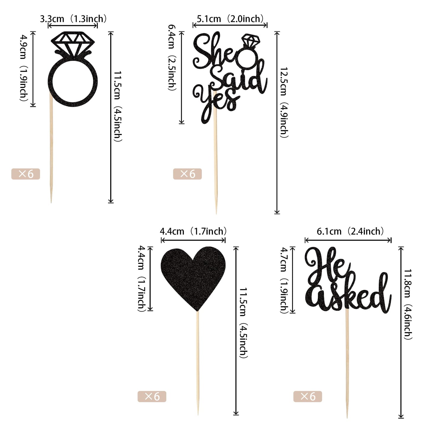ZHUOWEISM Cupcake Toppers 24 PCS Glitter Heart Ring Bachelorette Wedding Engagement Party Decorations Small Black Bamboo