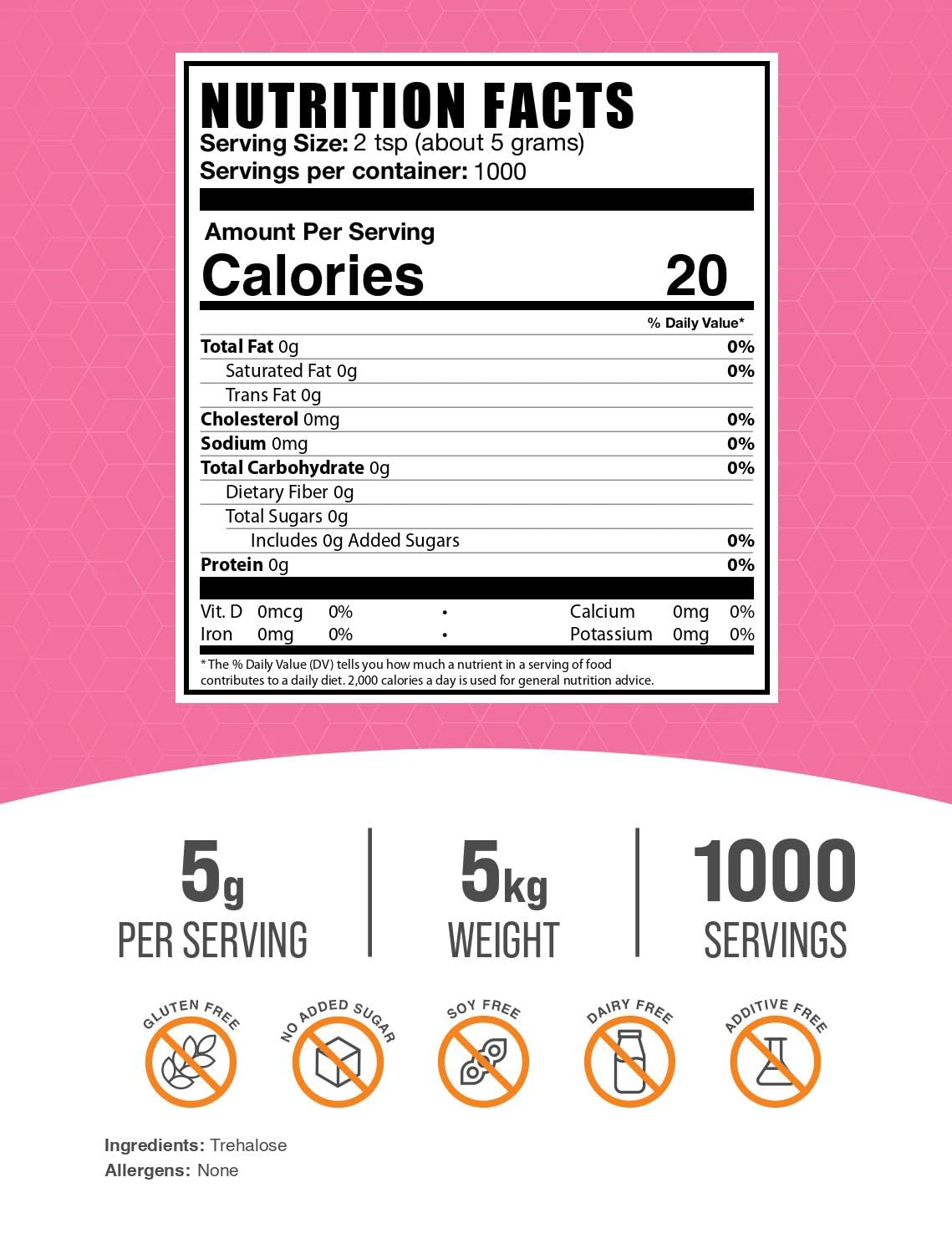 Bulkdietary products Trehalose Powder - Natural Sweetener, Vegan & Gluten Free, 5g per Serving, 5kg (Pack of 5)