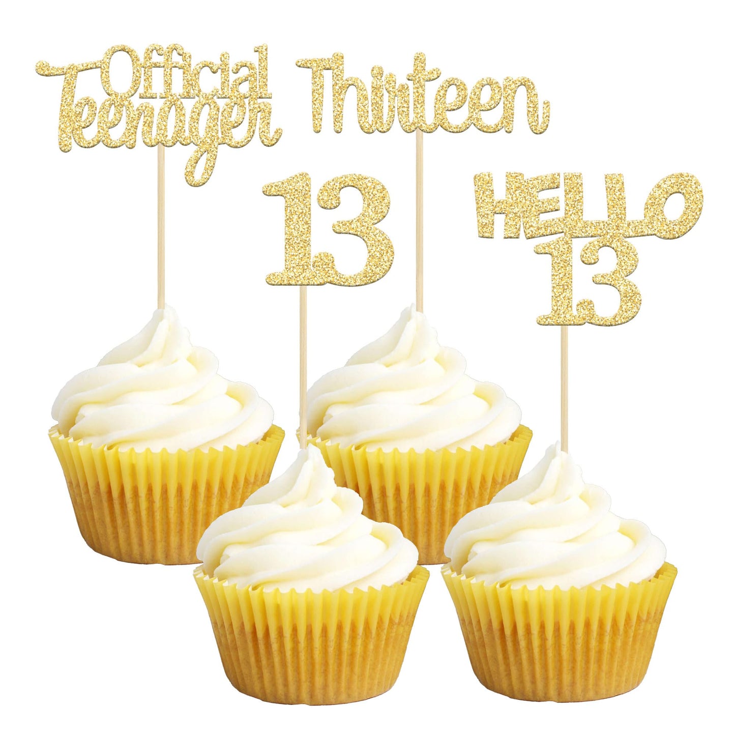 Gyufise 24Pcs Gold Glitter 13Th Birthday Cupcake Toppers Hello 13 Thirteen Cake Toppers Official Teenager Cupcake Picks 13Th Bir