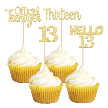 Gyufise 24Pcs Gold Glitter 13Th Birthday Cupcake Toppers Hello 13 Thirteen Cake Toppers Official Teenager Cupcake Picks 13Th Bir