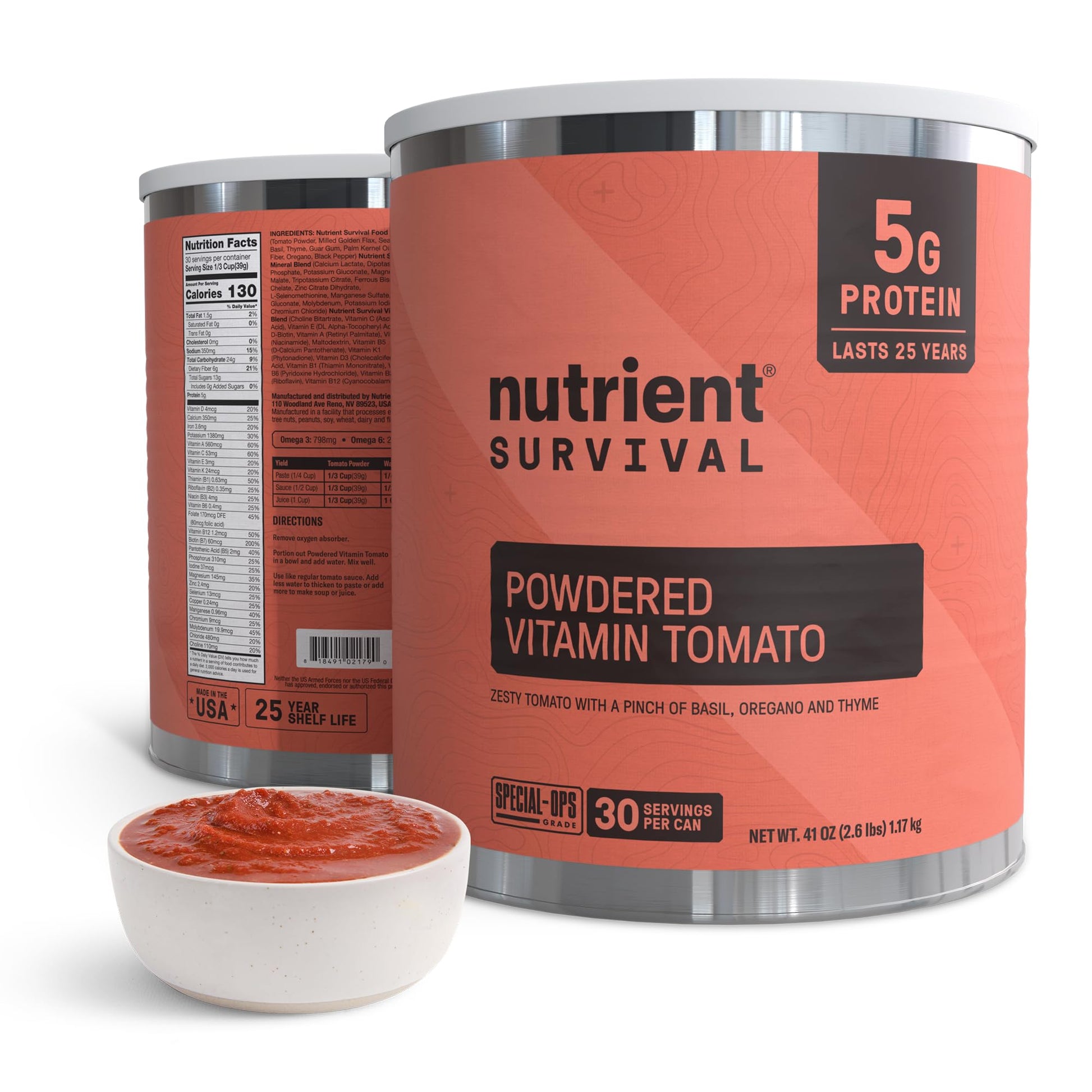 Nutrient Survival Tomato Powder, Powdered Vitamin Tomato (30 Servings) Emergency Food Supply & Camping Supplies For Soups, Sauces, Meatloaf, 40 Nutrients, Shelf Stable Up To 25 Years, One Can