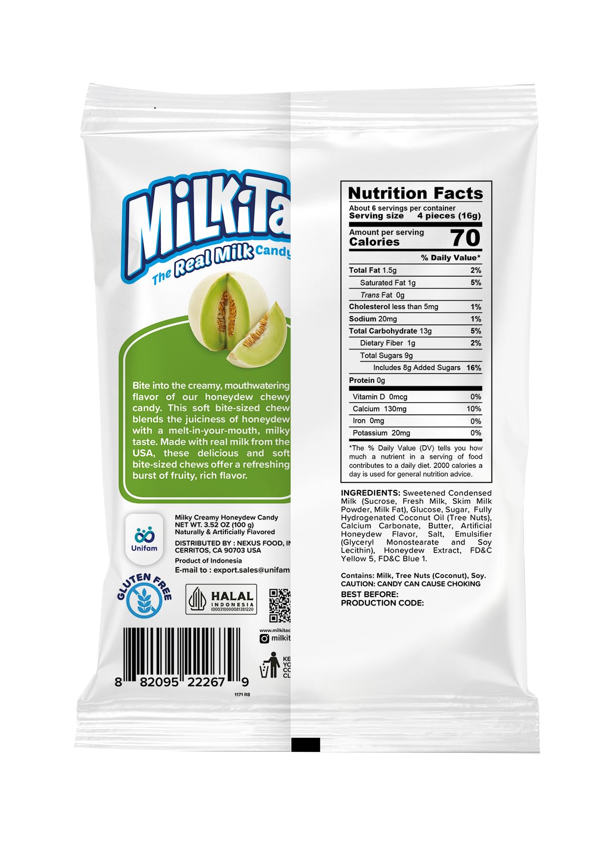 Milkita Creamy Shake Candy Bag, Gluten Free Chewy Candies With Calcium & Real Milk, Zero Trans Fat, Low-Sugar, Honeydew Flavor,