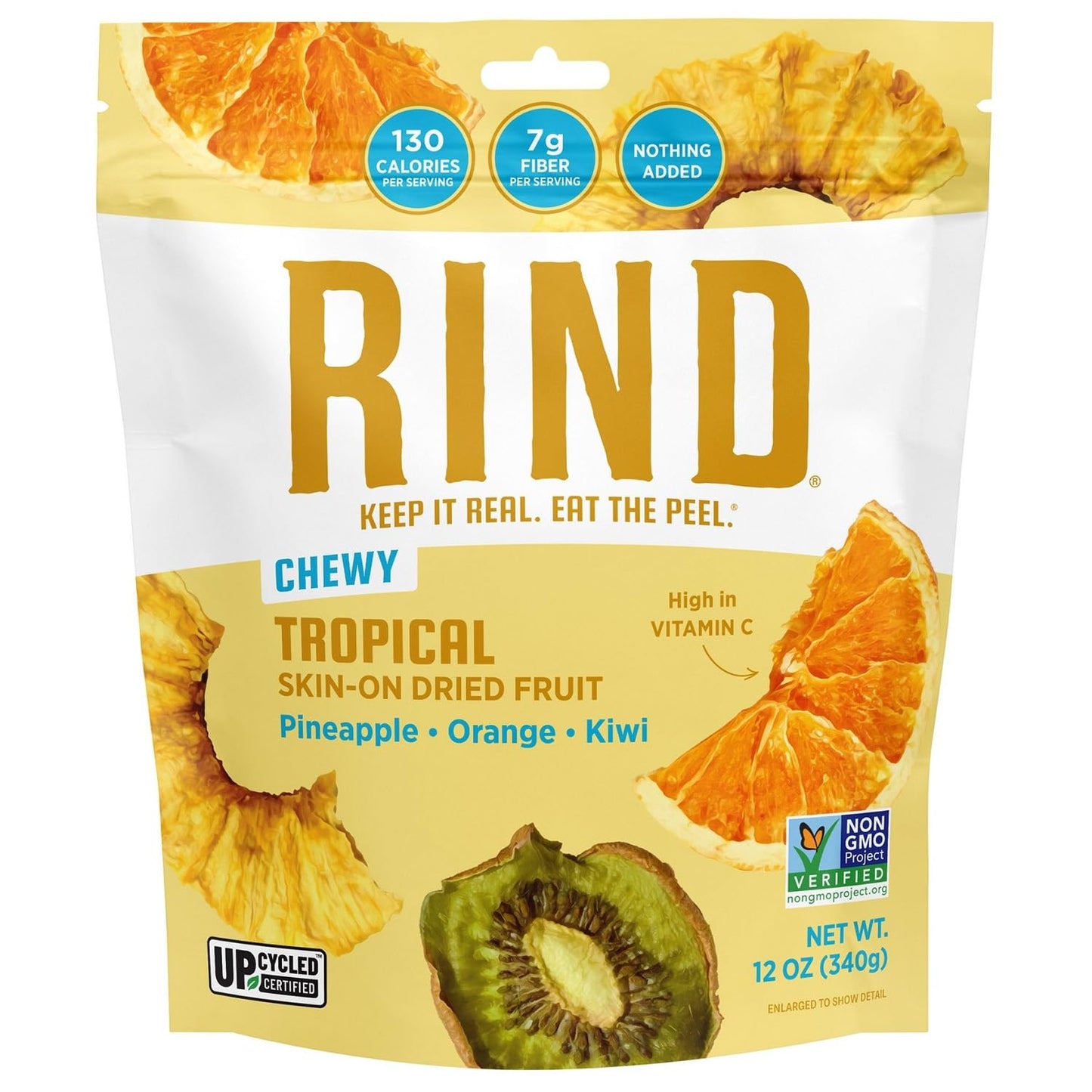 RIND Snacks Chewy Dried Fruit - Tropical Blend with Skin-On Pineapple, Orange & Kiwi - Upcycled, No Added Sugar, High Fiber, 12o