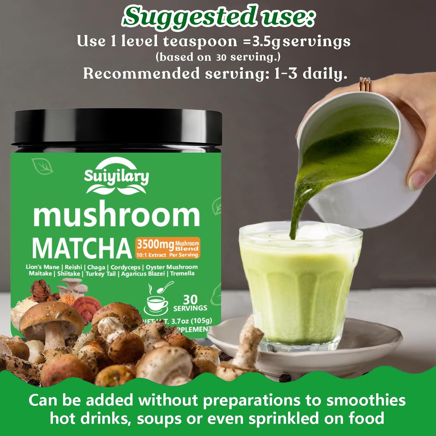 10 Mushroom Matcha Powder With Lion'S Mane, Reishi, Mushroom Polysaccharides & More, 3500Mg(10:1) Extract, Japanese Ceremonial M