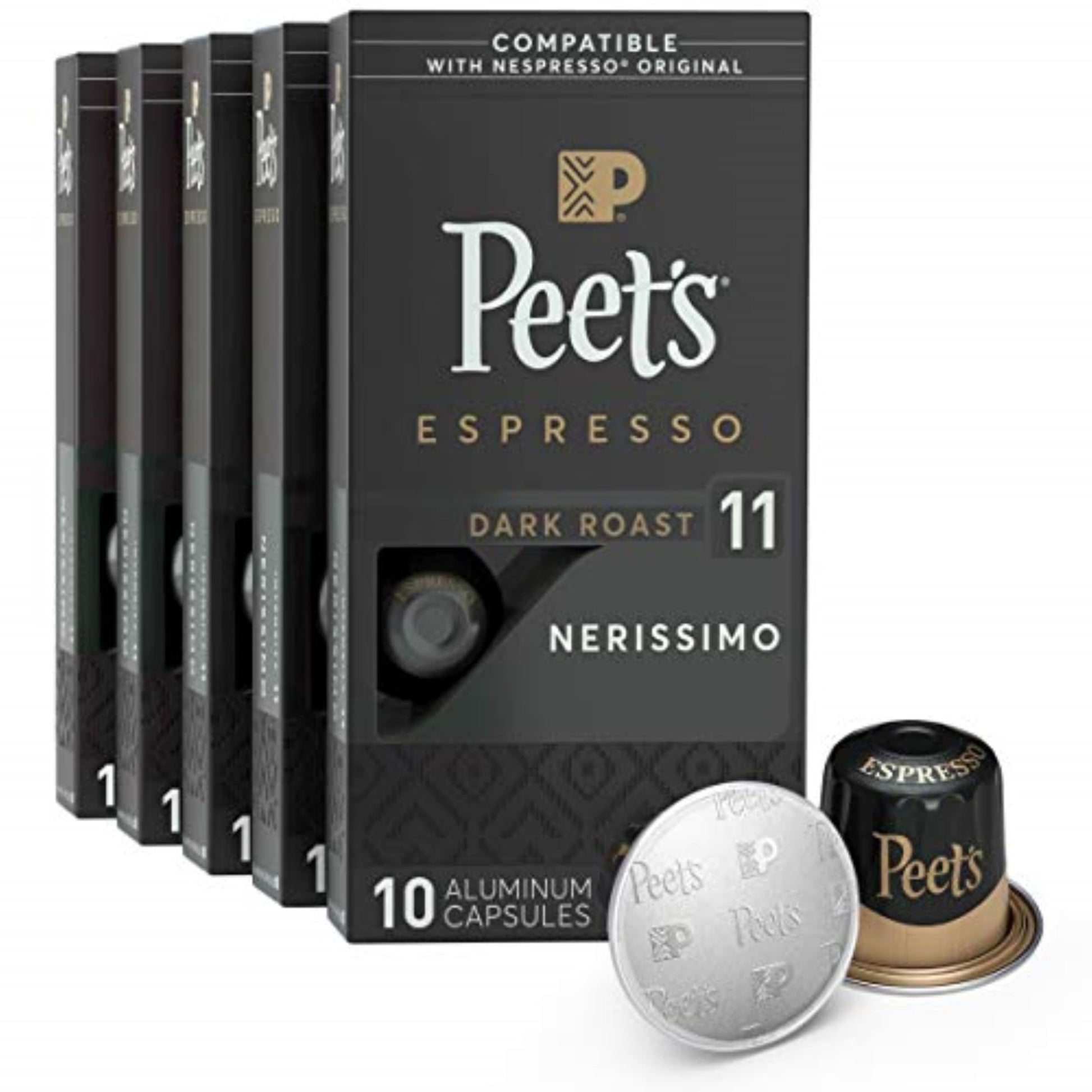 Peets Coffee Dark Roast Espresso Capsules, Compatible with Nespresso, 50 Count (5 Boxes of 10), Nerissimo Intensity 11, Espresso