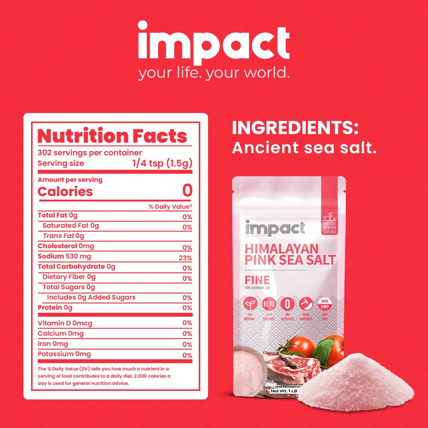 Impact Himalayan Pink Sea Salt, Non-GMO, Gluten-Free, 1lb Pouch, Rich in Trace Minerals
