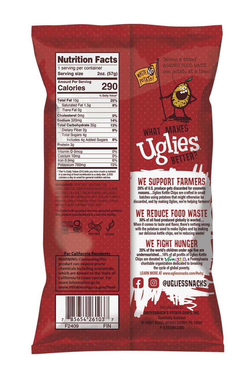 Uglies BBQ Kettle-Cooked Potato Chips, Gluten-Free, Kosher, Non-GMO, 2 Oz. Bags, Pack of 12, Orange